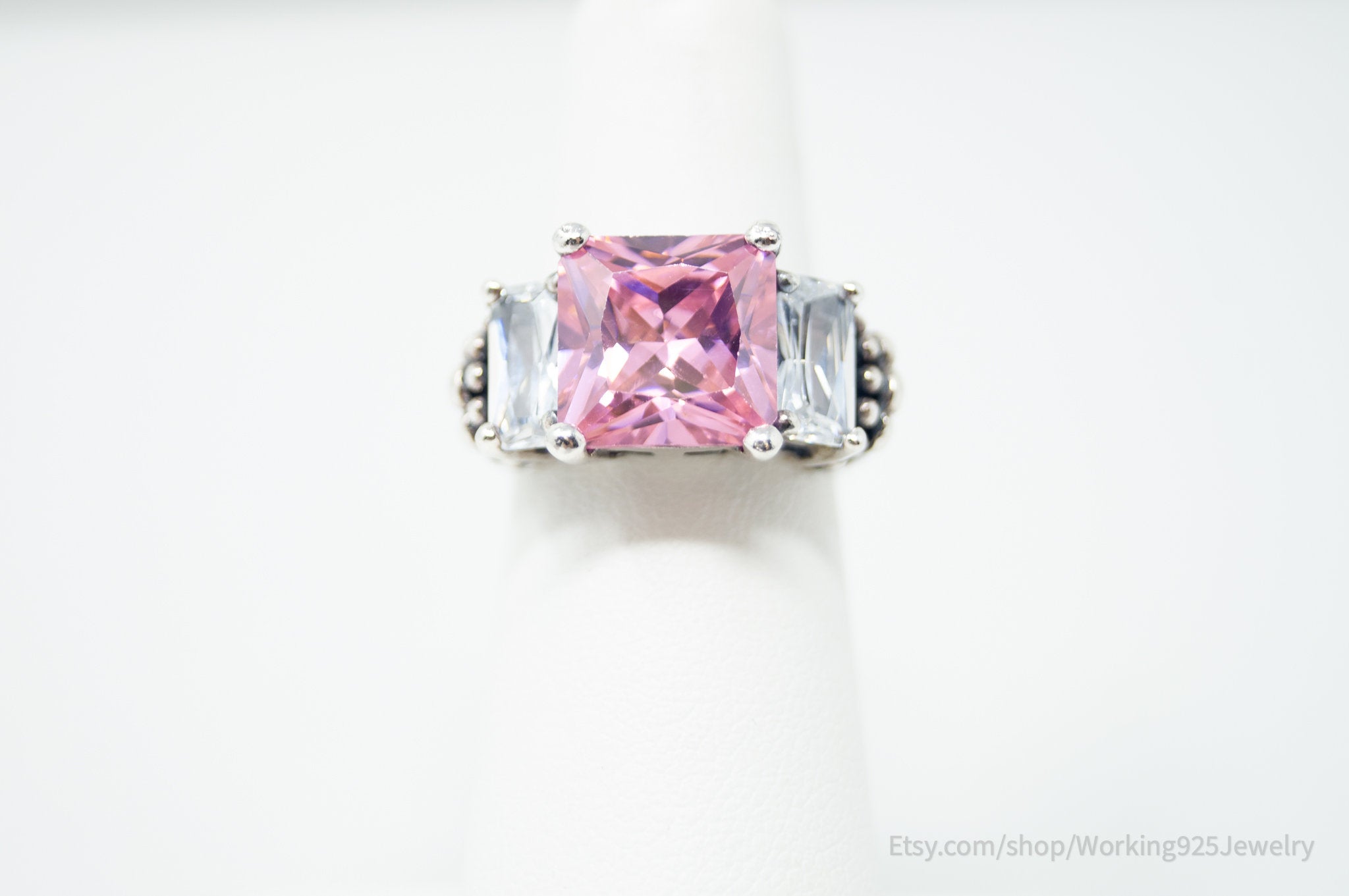 Vintage Art Deco Style Pink Topaz Cz Statement Ring Sterling Silver - Size 5