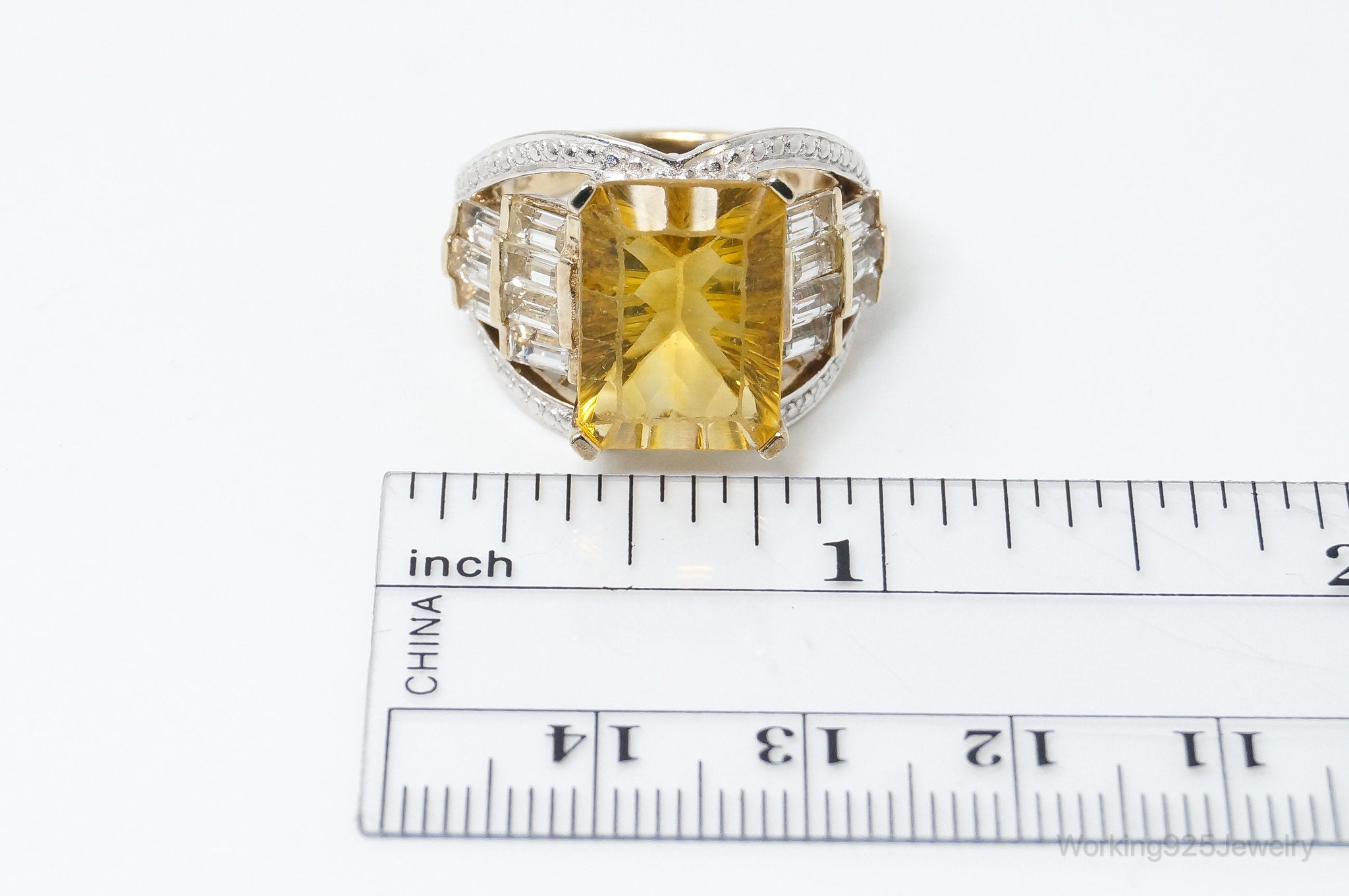 Vintage Art Deco Large Citrine CZ Gold Vermeil Sterling Silver Ring - Size 7