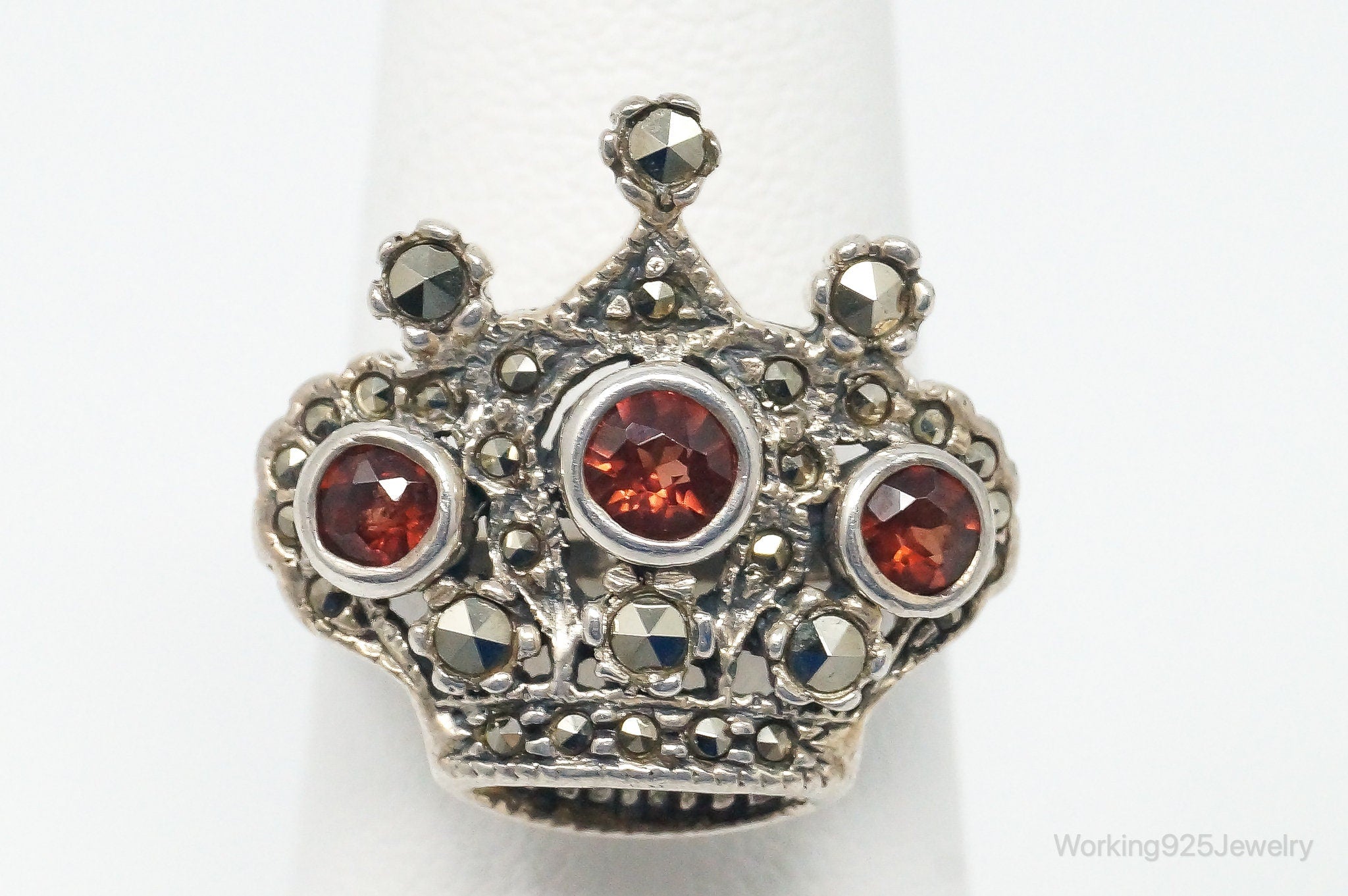 Vintage Garnet Marcasite Crown Sterling Silver Ring - Size 5