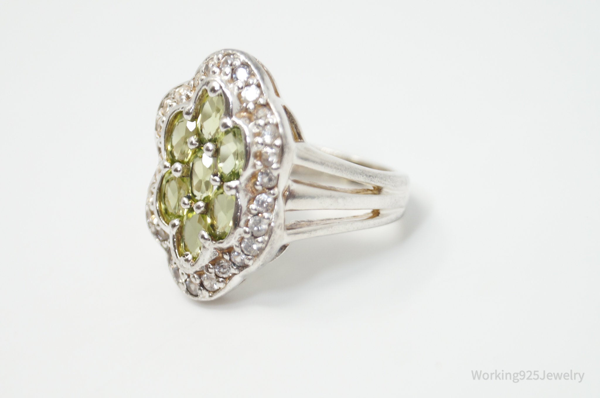 Vintage Green Peridot CZ Sterling Silver Statement Ring - Size 6.25