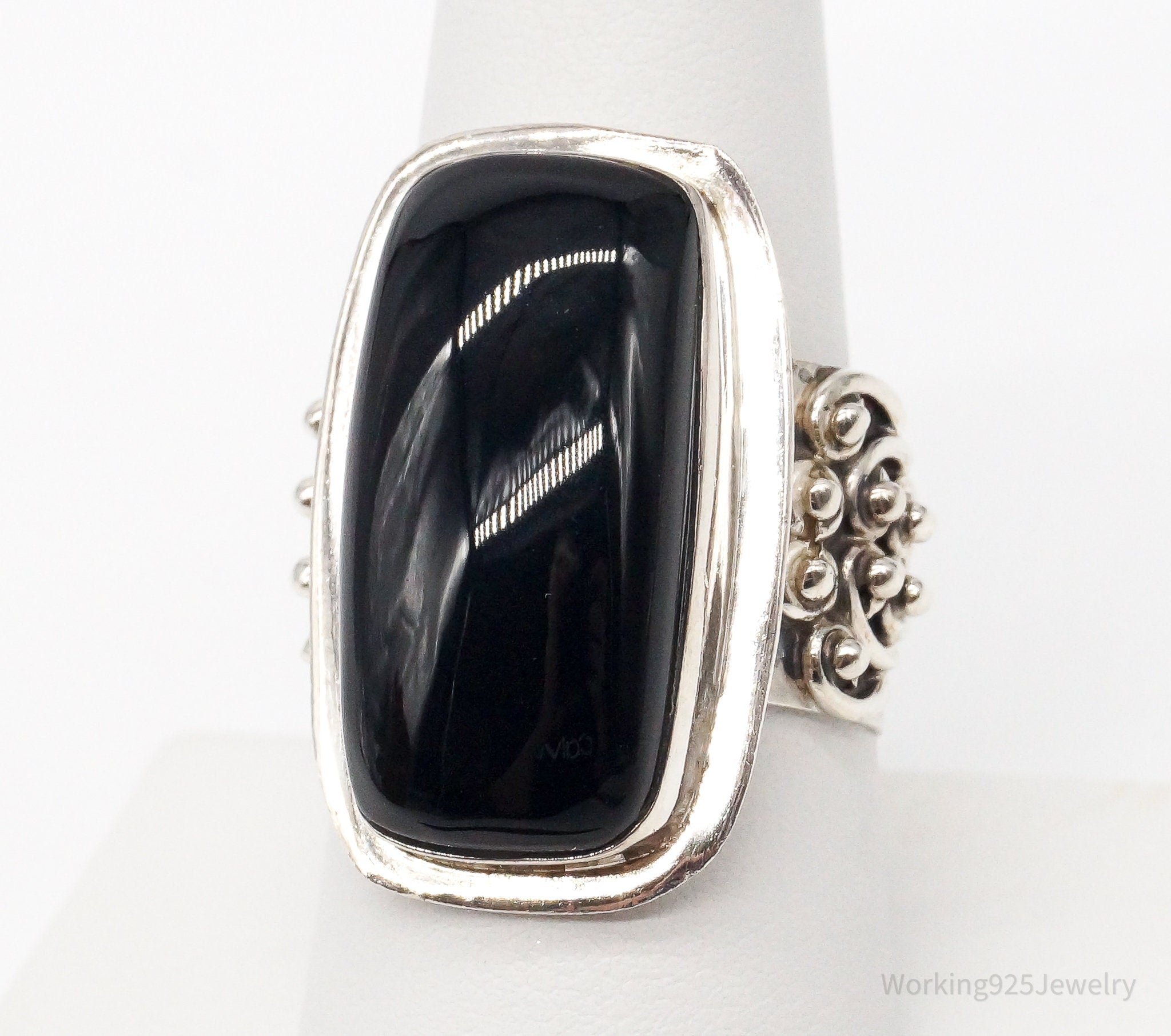 Vintage India Designer VS Black Onyx Sterling Silver Ring - Size 9.25