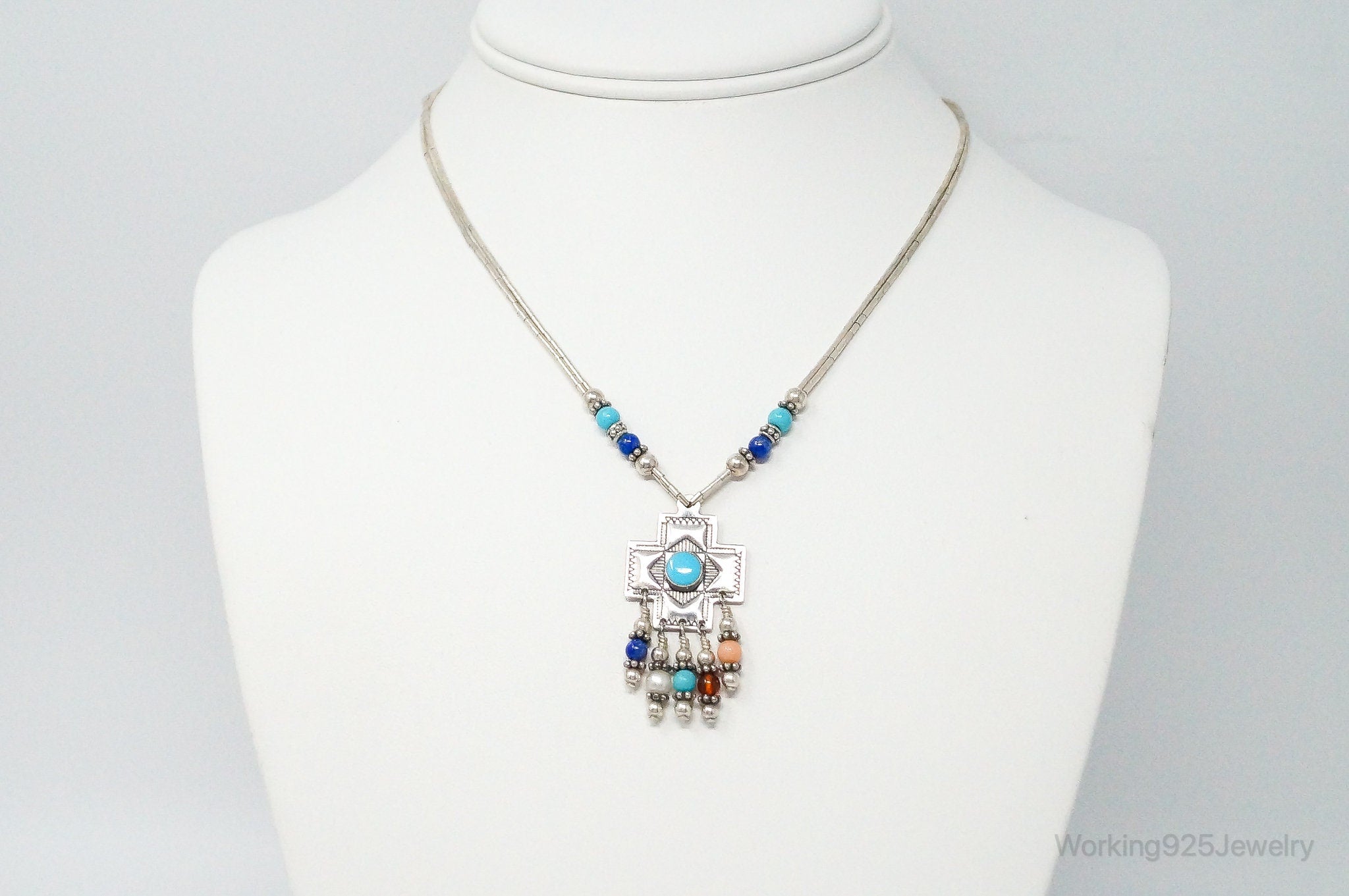 QT Turquoise Pendant On Carolyn Pollack Bead Sterling Silver Chain Necklace