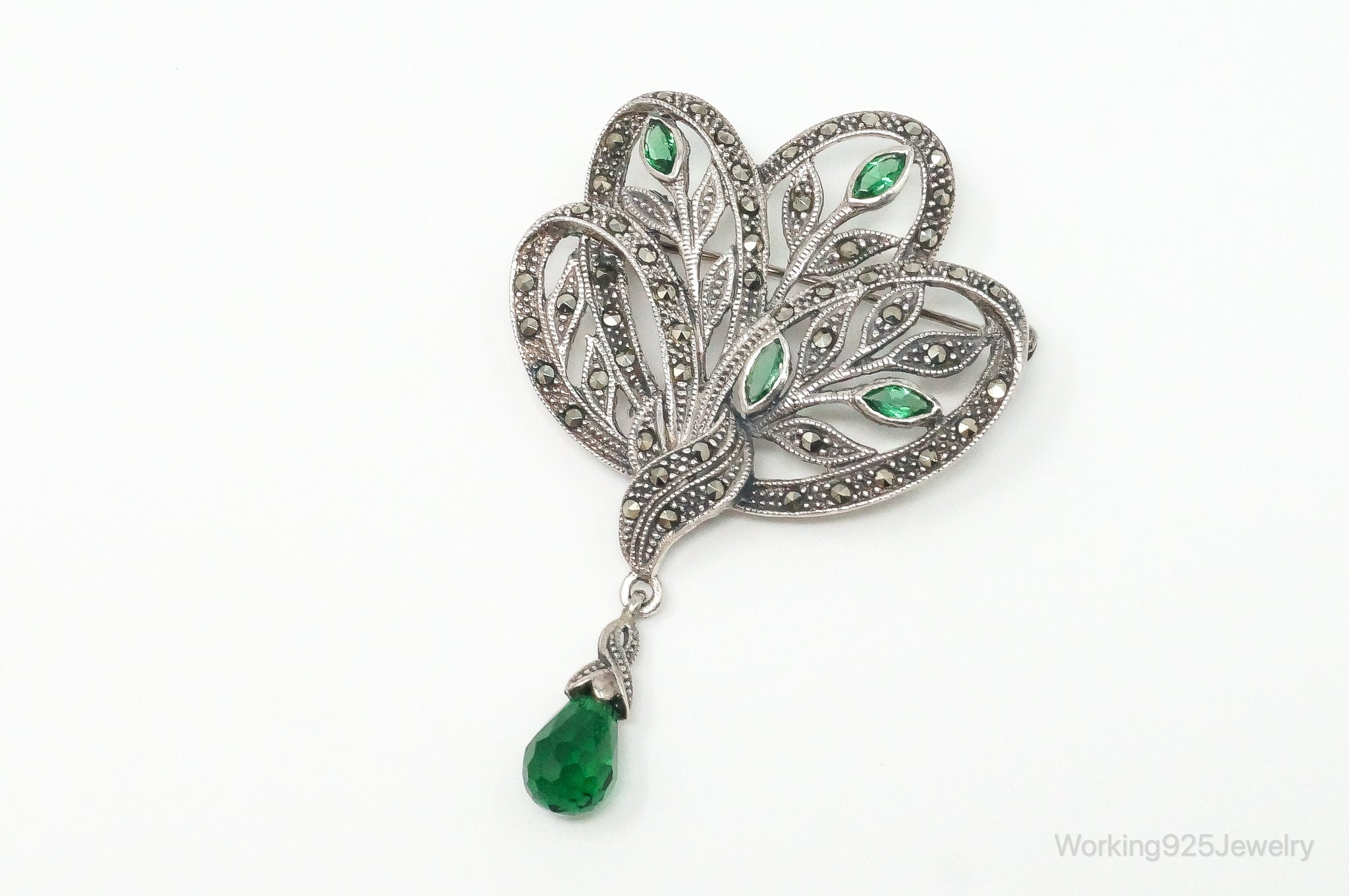 Vintage Lab Emerald Marcasite Art Deco Style Floral Sterling Silver Pin