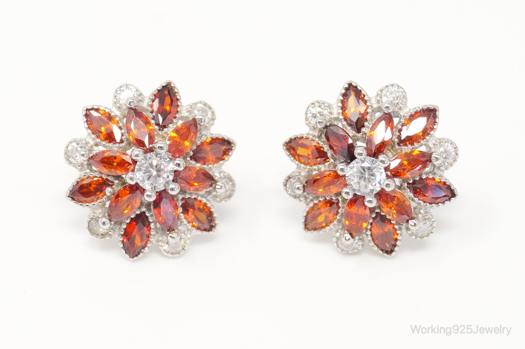 Orange Sapphire Cubic Zirconia Sterling Silver Stud Post Earrings