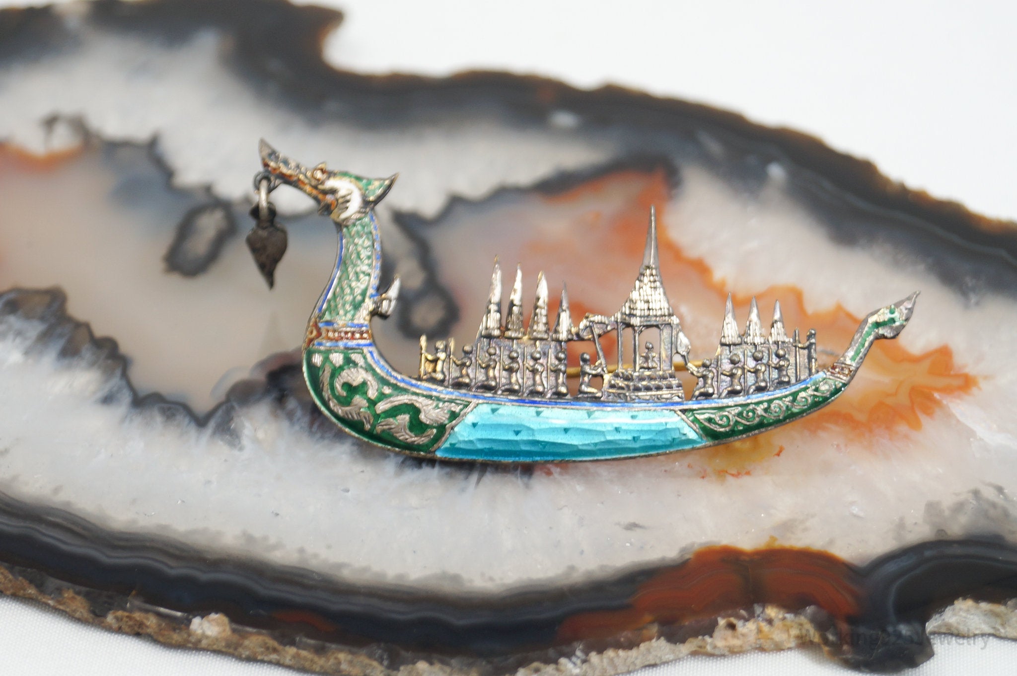 Vintage Designer SIAM Suphanahongse Viking Ship Enamel Sterling Silver Brooch