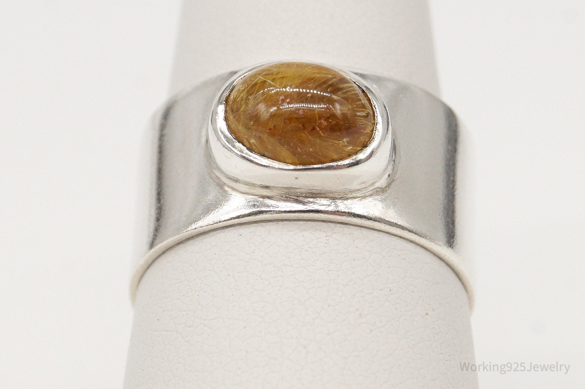 Vintage Golden Rutilated Quartz Silver Ring - Size 7.75