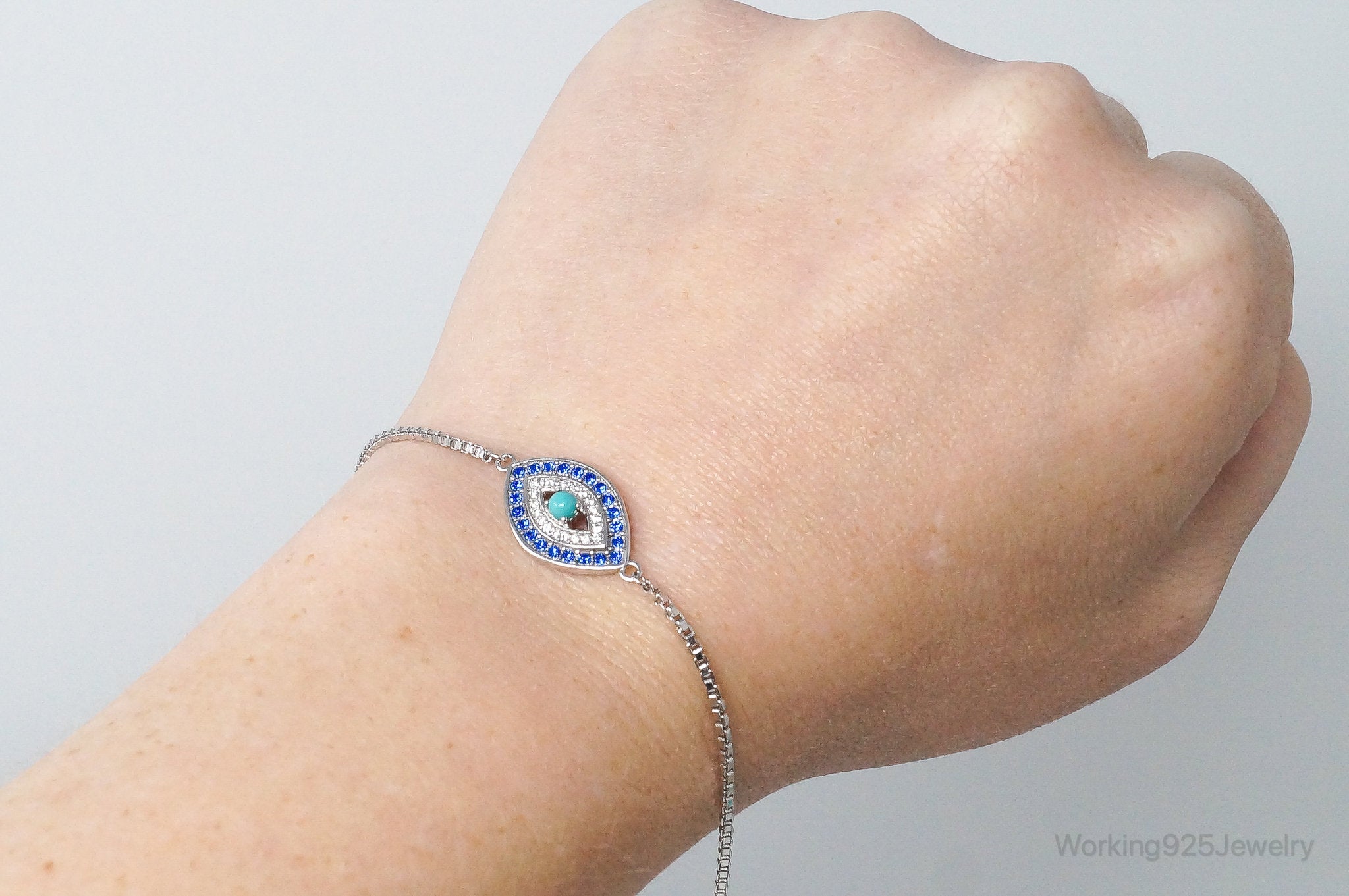 Designer Sapphire Turquoise CZ Good Luck Sterling Silver Adjustable Bracelet