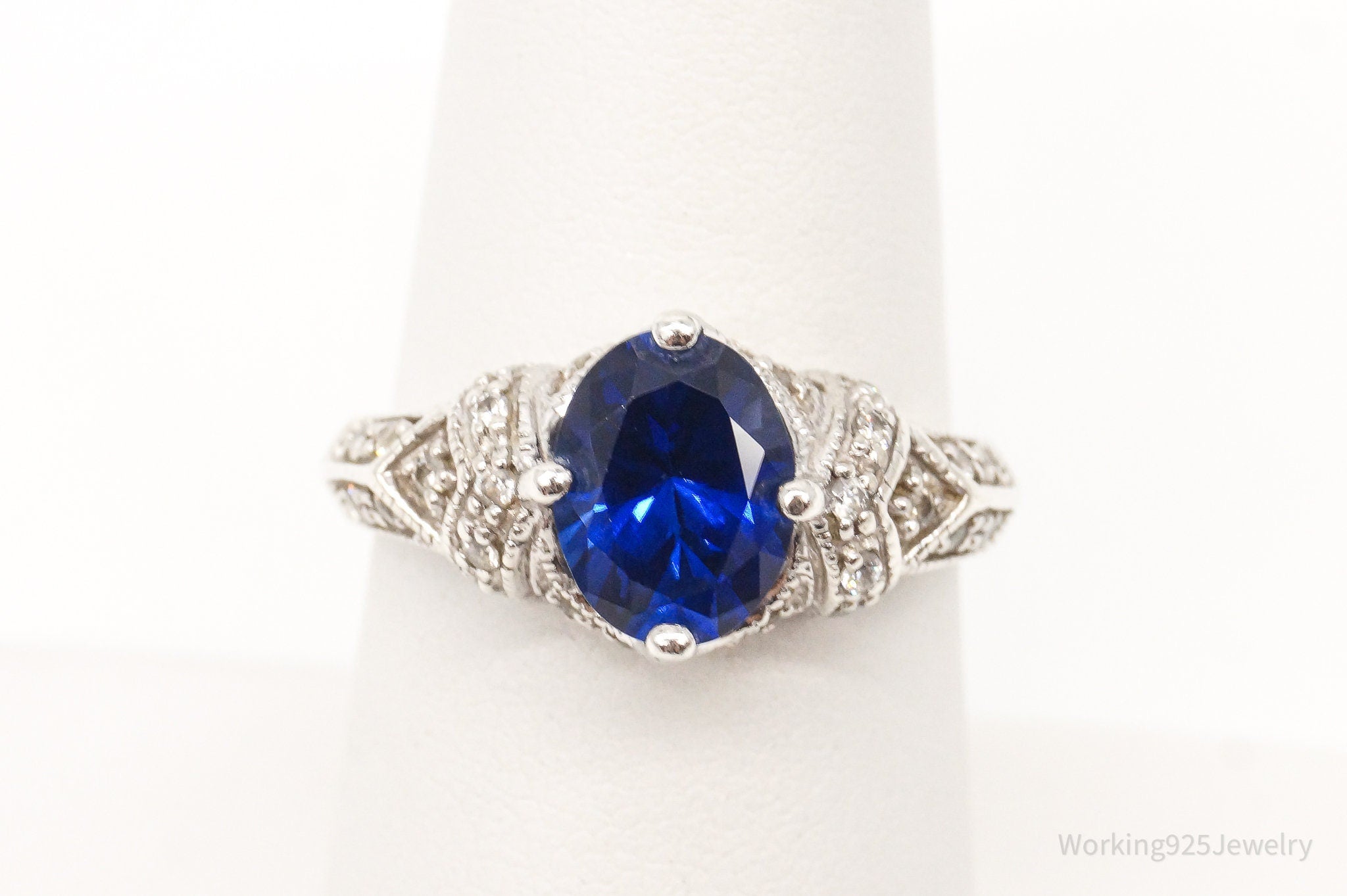 Vintage Lab Sapphire Cubic Zirconia Sterling Silver Ring - Size 6.75