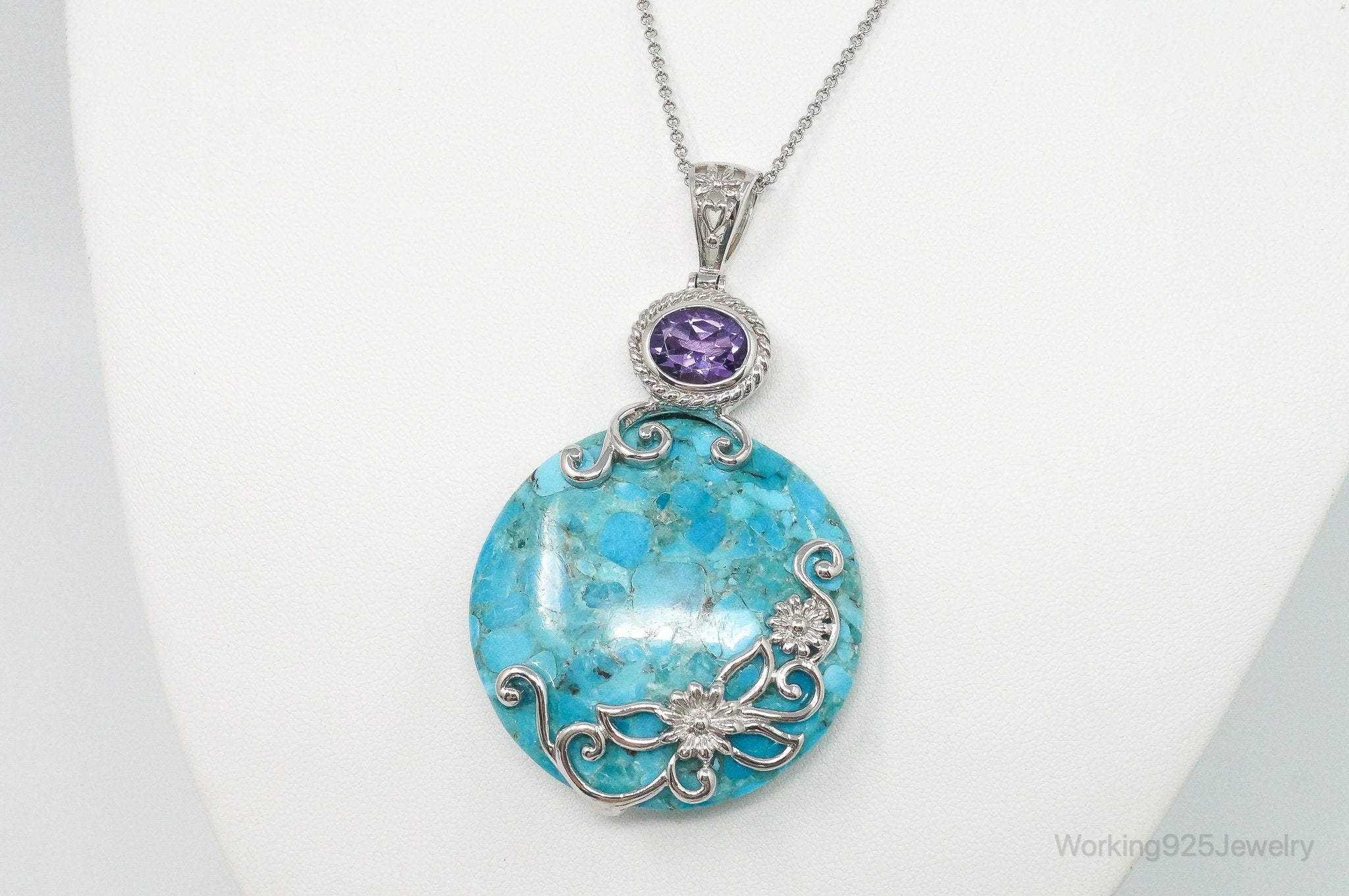 Designer Large Blue Mojave Turquoise Amethyst Sterling Silver Necklace