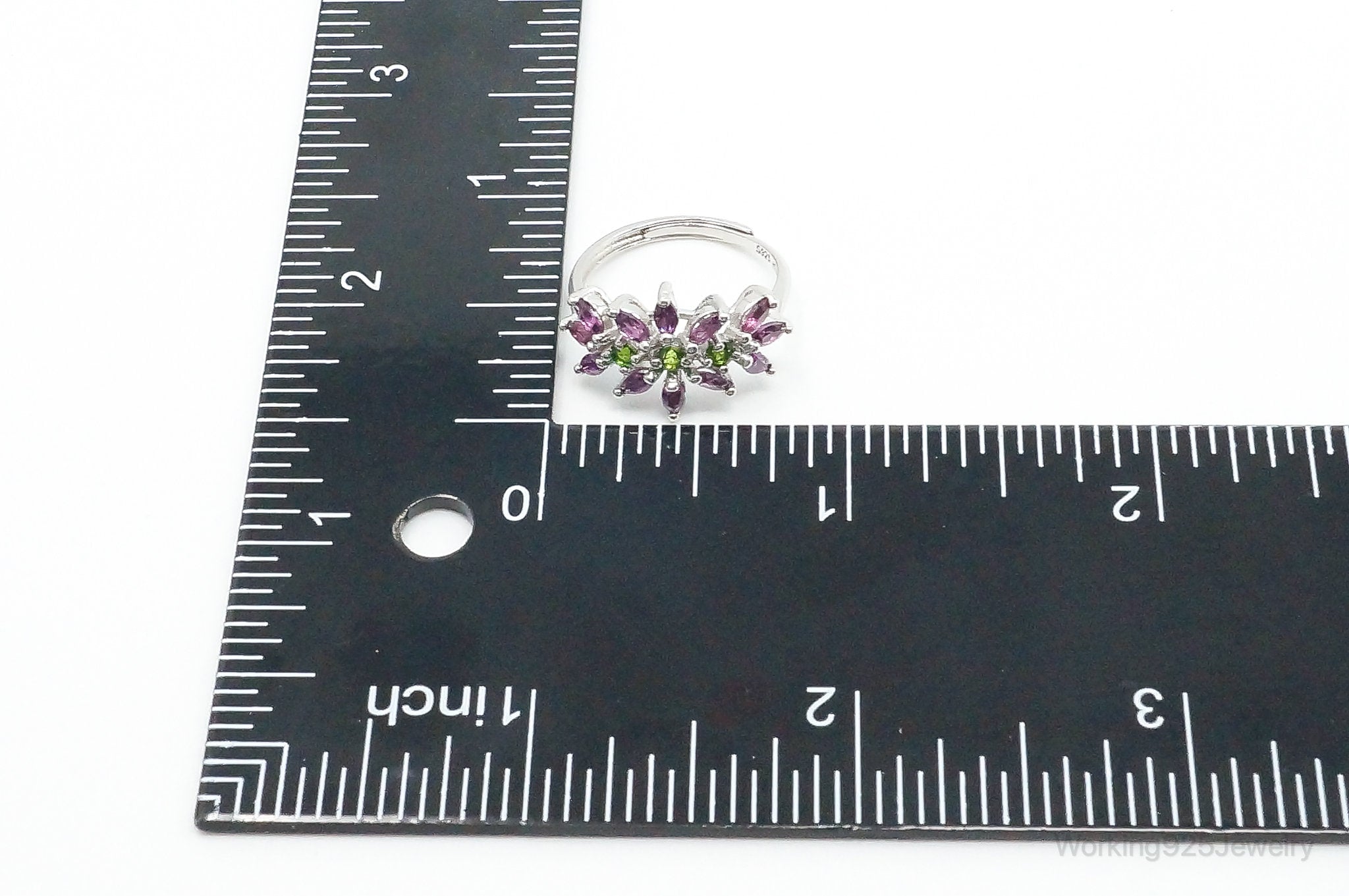 Rhodolite Garnet Green Cubic Zirconia Sterling Silver Ring - Size 6.5 Adjustable