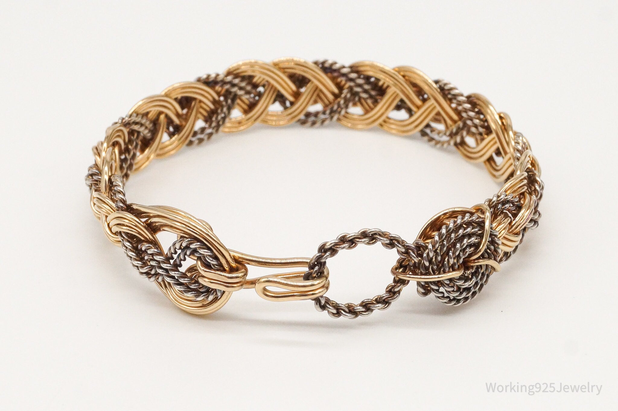 Vintage Intricate Filigree Rope Weave Braid Brass Silver Bracelet