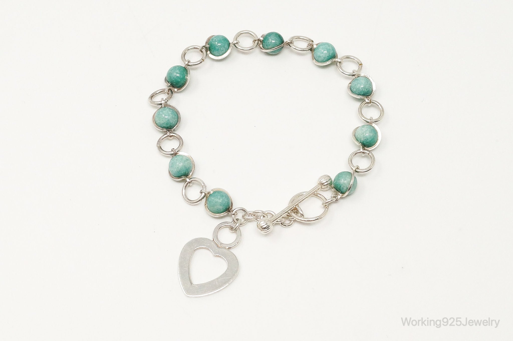 Vintage Amazonite Beads Sterling Silver Heart Charm Toggle Bracelet