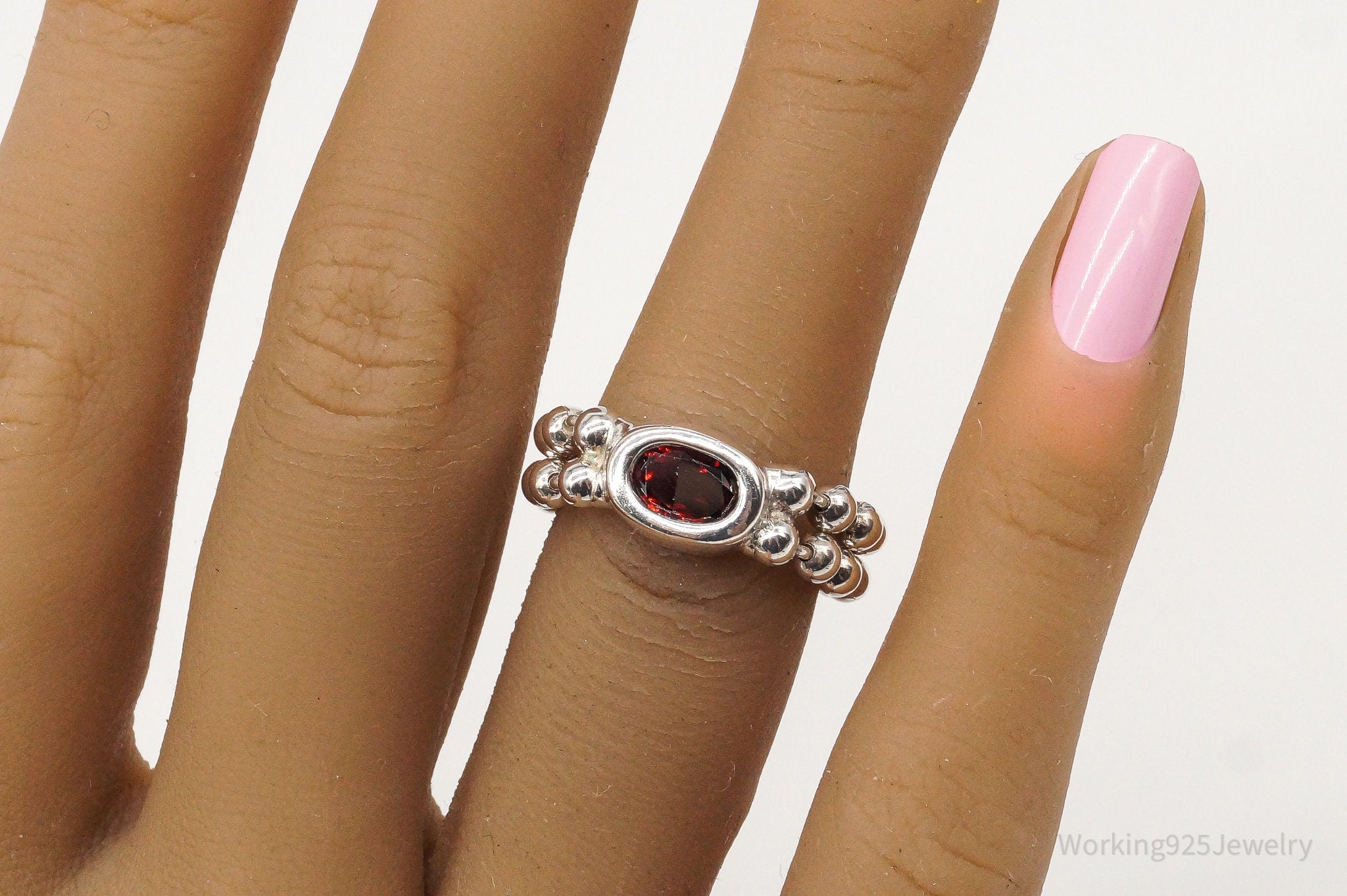 Vintage Garnet Sterling Silver Chain Ring - Size 6.5