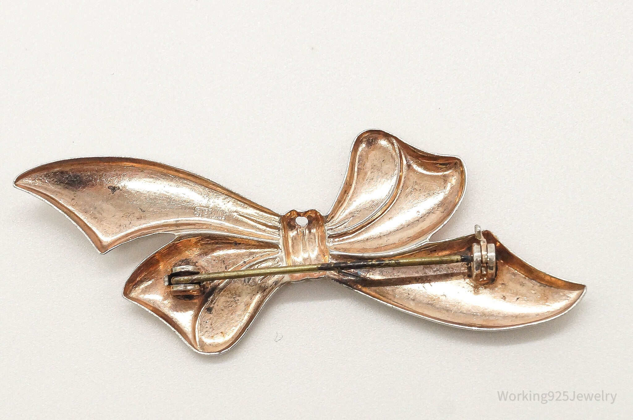 Antique Large Bow Tie Rose Gold Wash Sterling Silver Brooch Pin