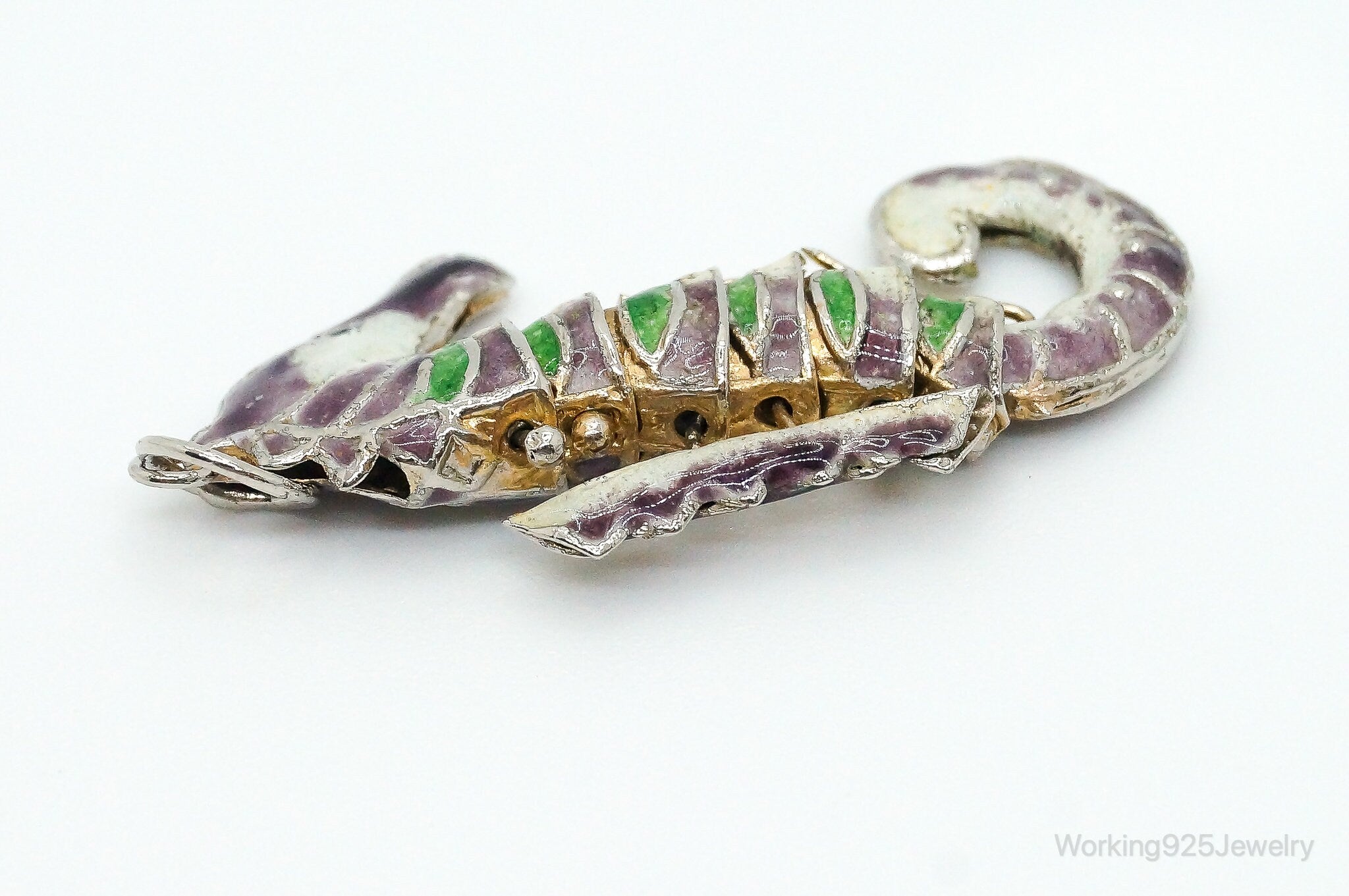 Antique Chinese Articulated Cloisonne Enameled Vermeil Silver Seahorse Pendant