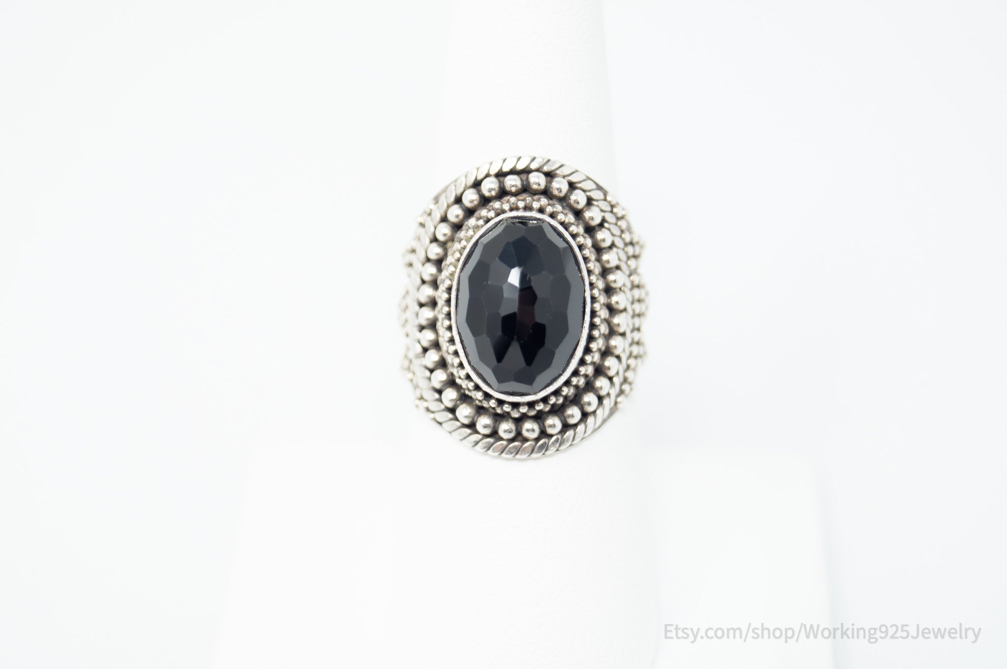 Large Vintage Art Deco Style Black Onyx Statement Sterling Ring - Size 7