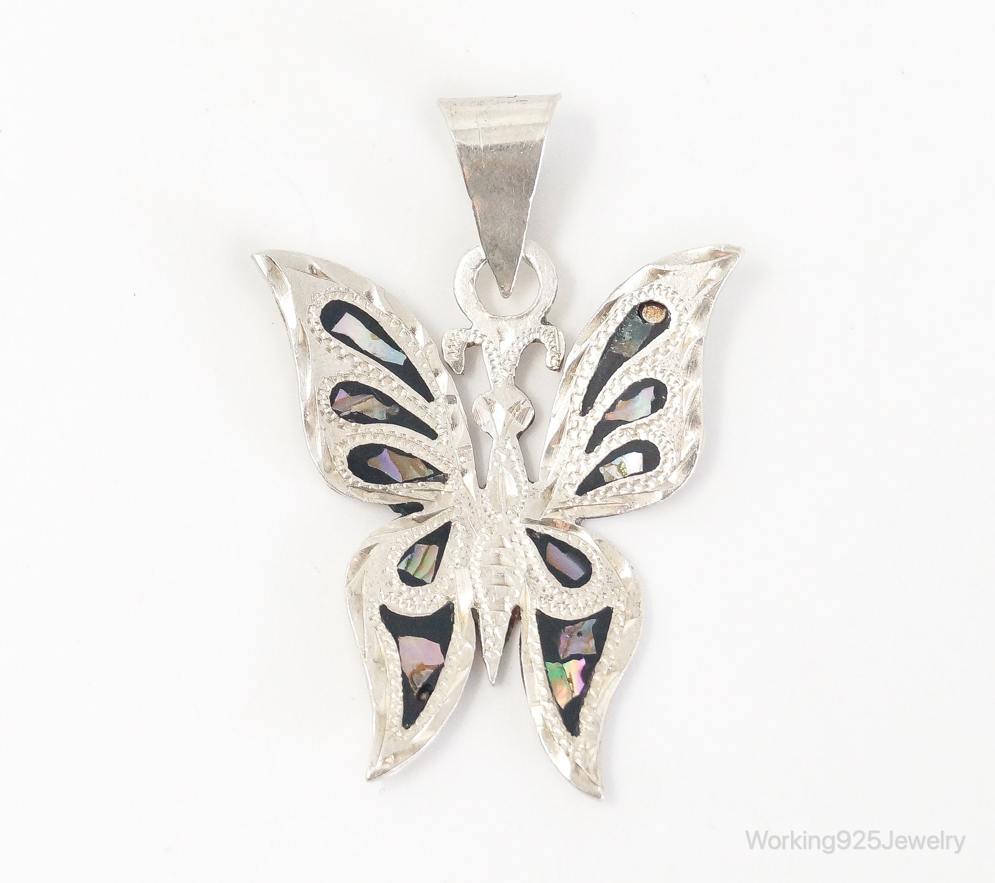 Large Vintage Mexico CC80 Abalone Etched Butterfly Sterling Silver Pendant