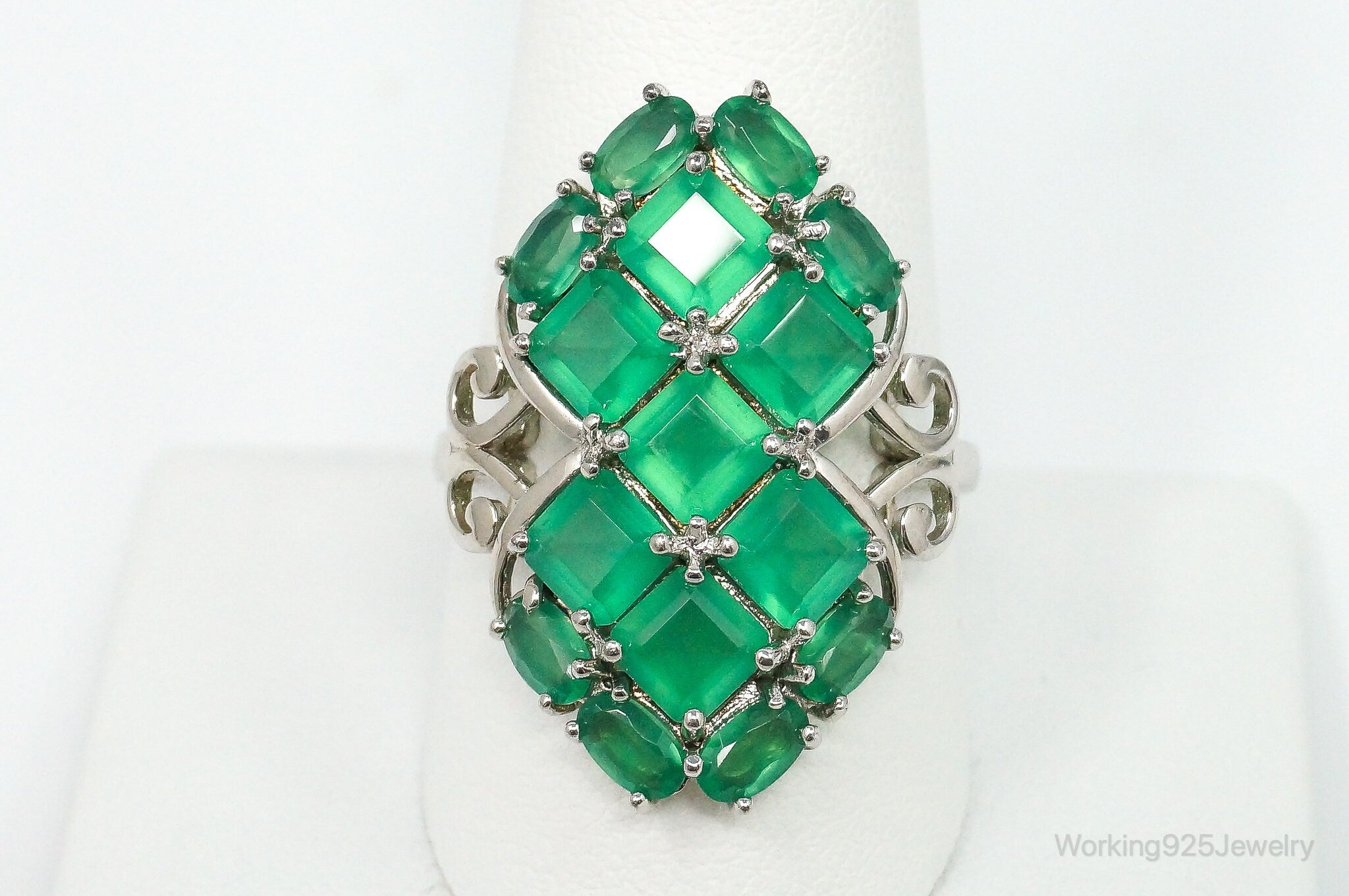 Vintage Designer DK Green Chalcedony Sterling Silver Ring - Size 10