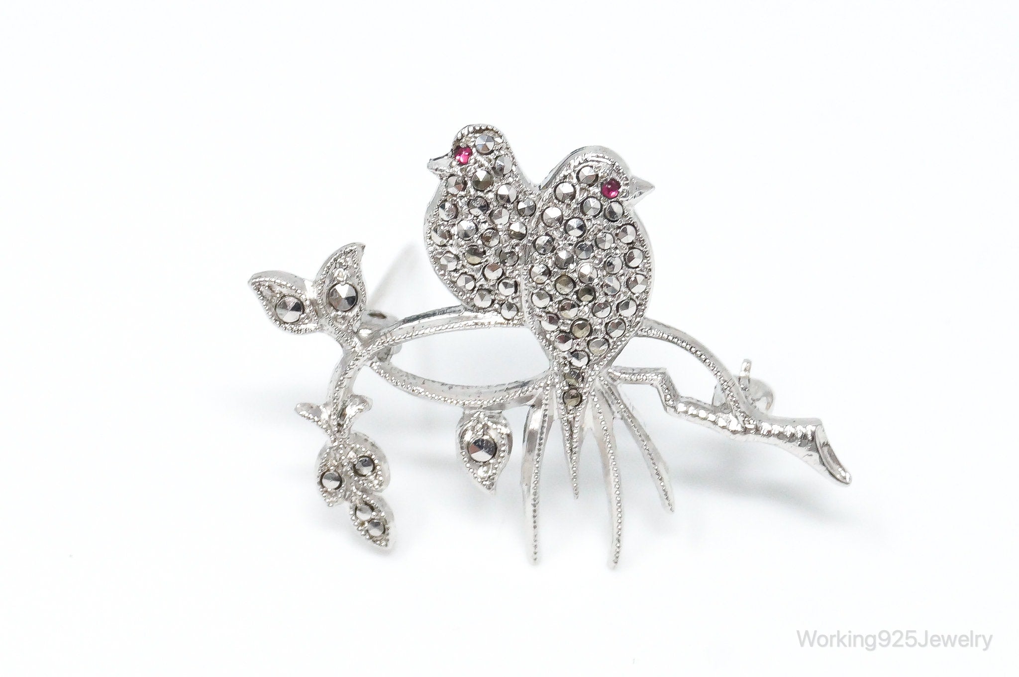 Vintage Birds On Branch Pink Gemstones Hematite Sterling Silver Pin Brooch