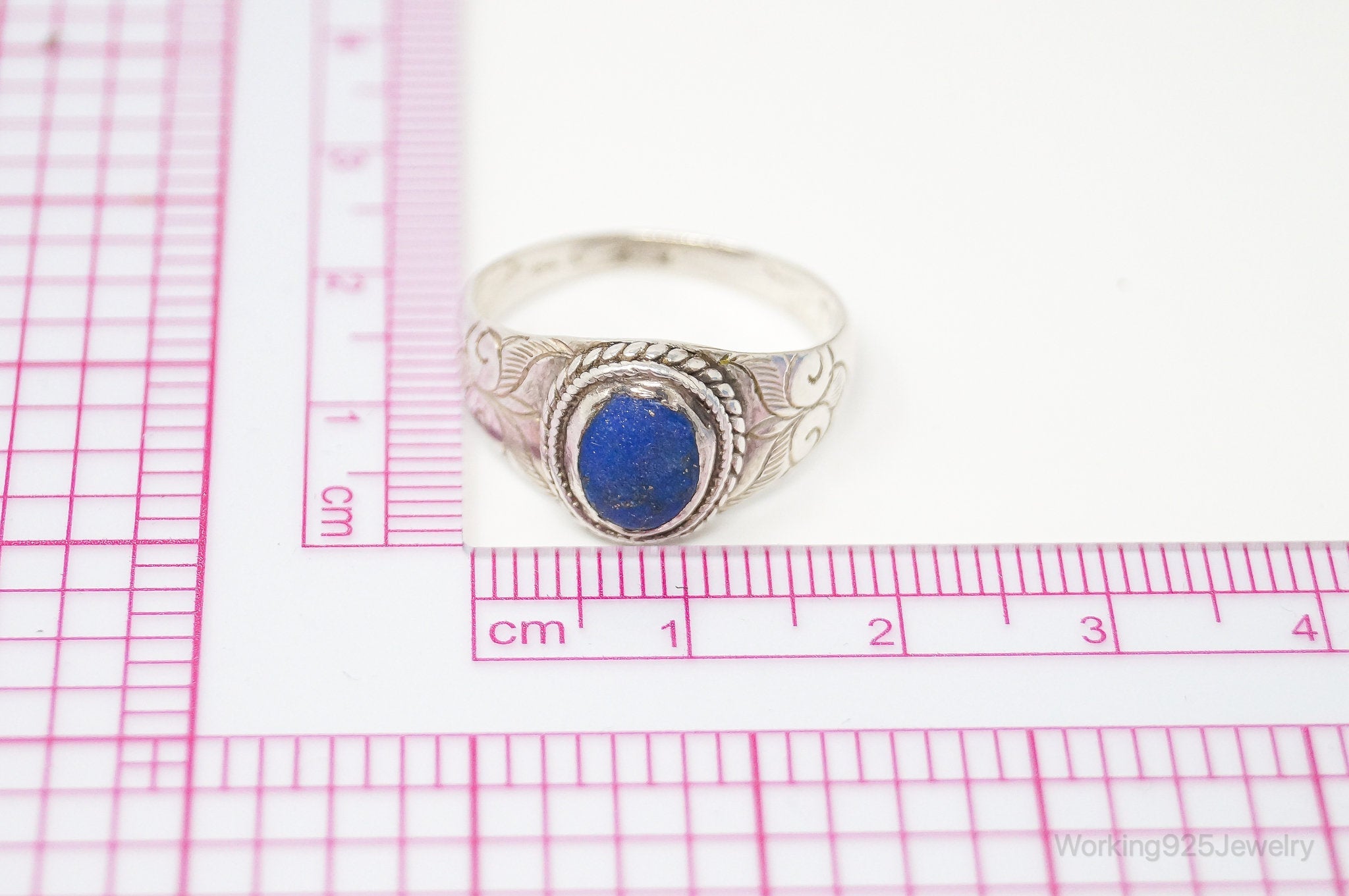 Vintage Blue Lapis Lazuli Art Nouveau Etched Sterling Silver Ring - Size 7.75