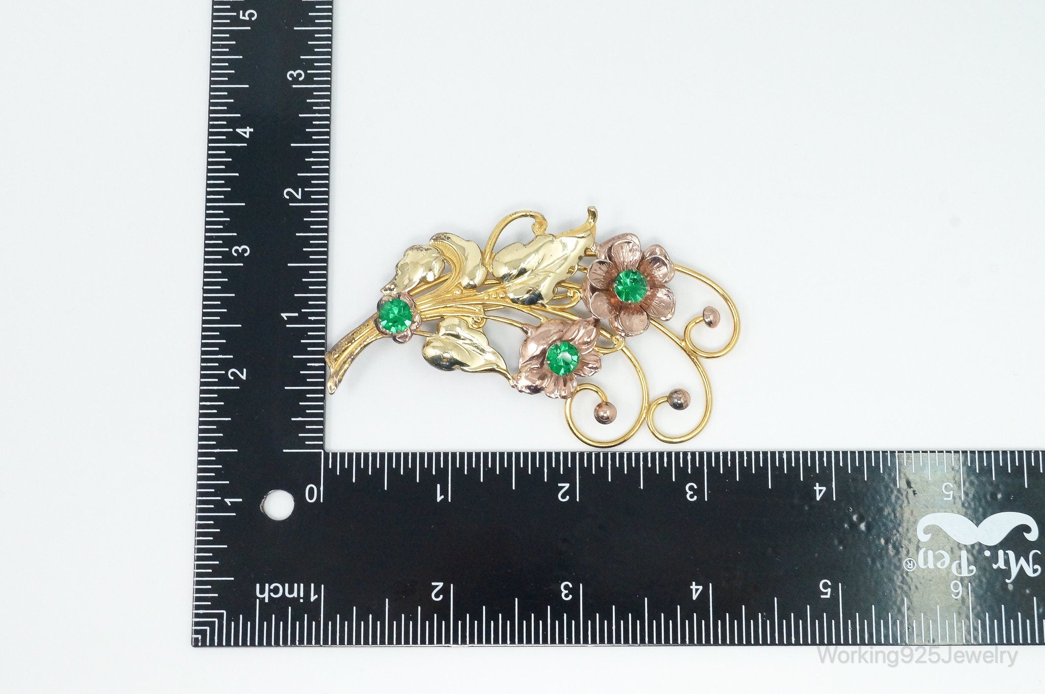 Large Vintage Green Rhinestone Flowers 12K Gold Filled Sterling Silver Brooch