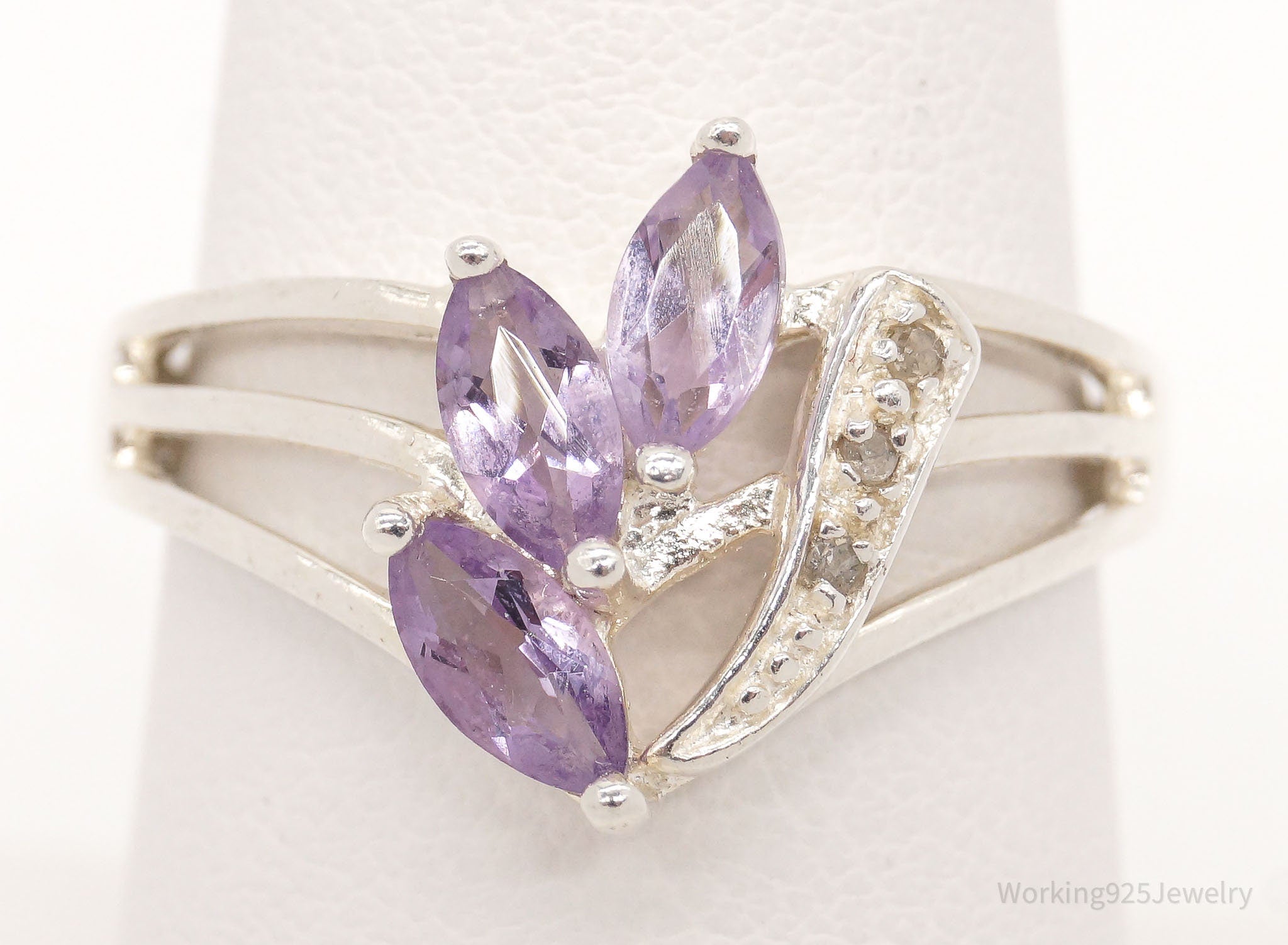 Vintage Amethyst Three Diamond Sterling Silver Ring - Size 8