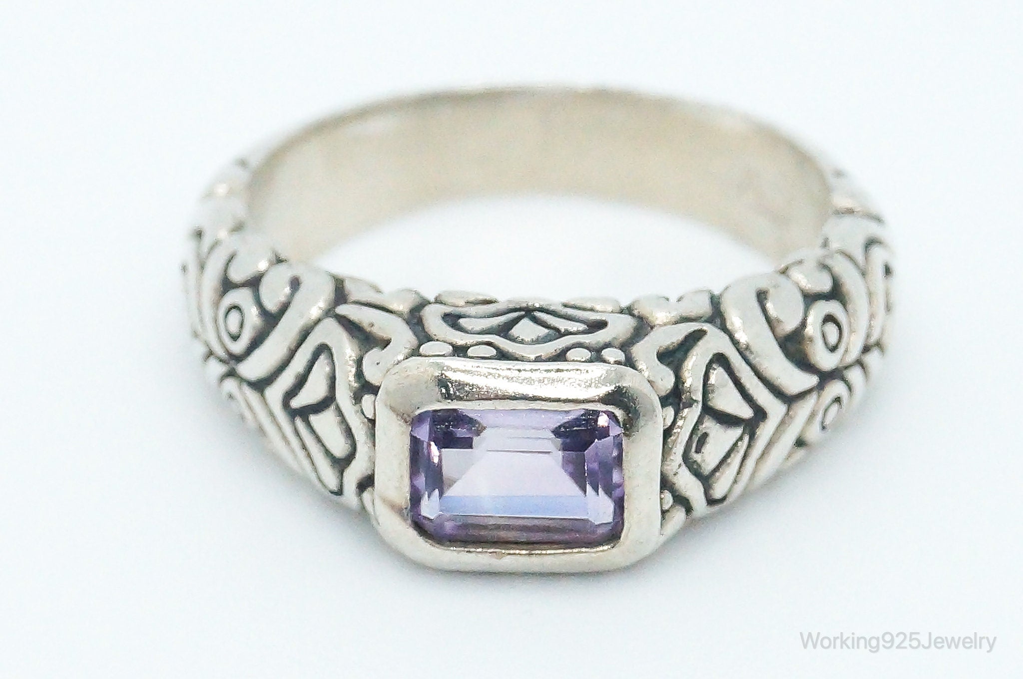 Vintage Amethyst Art Deco Scroll Sterling Silver Ring - Size 8.75