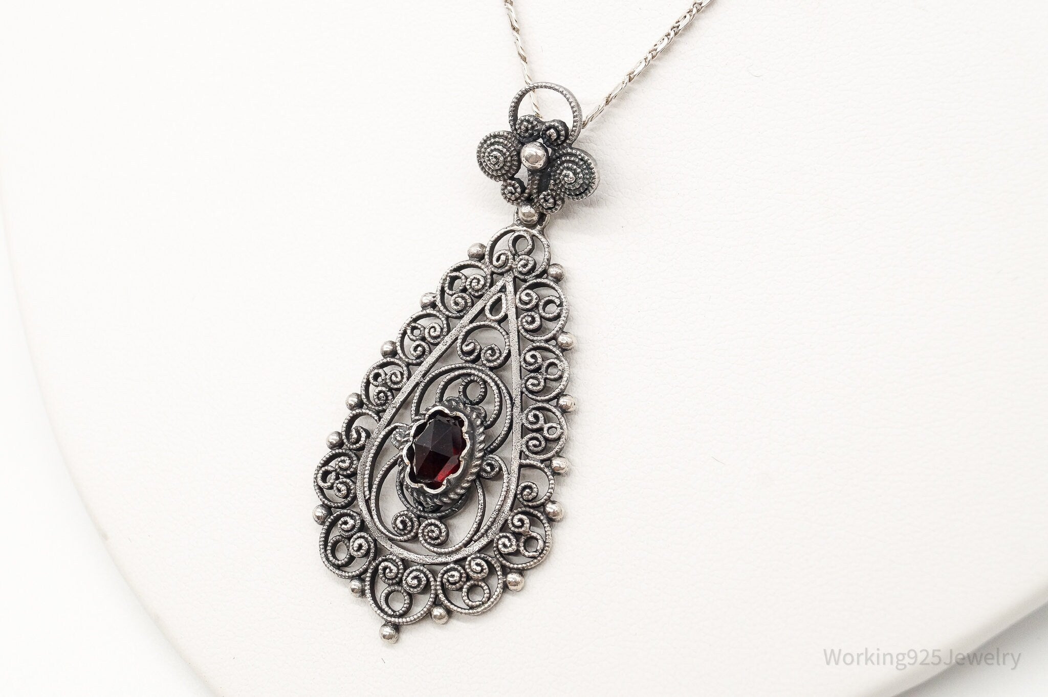 Vintage Garnet Filigree 835 Silver Necklace