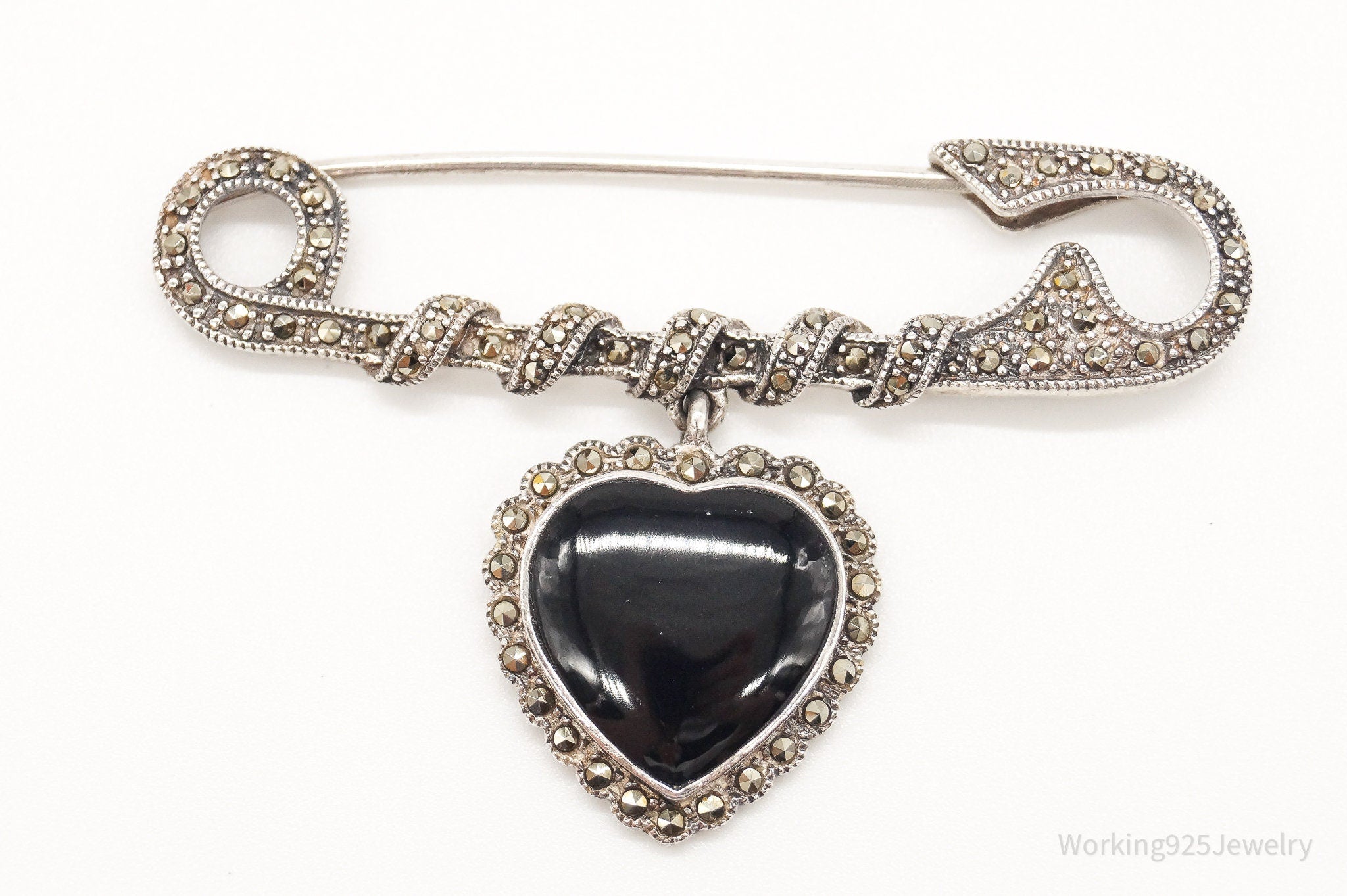 Vintage Black Onyx Marcasite Art Deco Heart Sterling Silver Pin Brooch