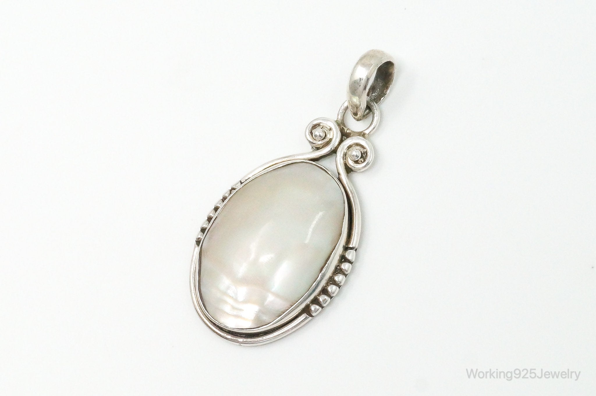 Large Vintage Mother Of Pearl Sterling Silver Pendant