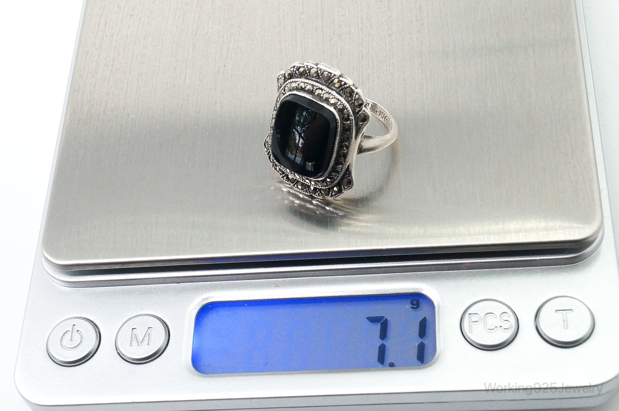 Antique Designer Uncas MFG CO Black Onyx Marcasite Sterling Silver Ring SZ 6.5