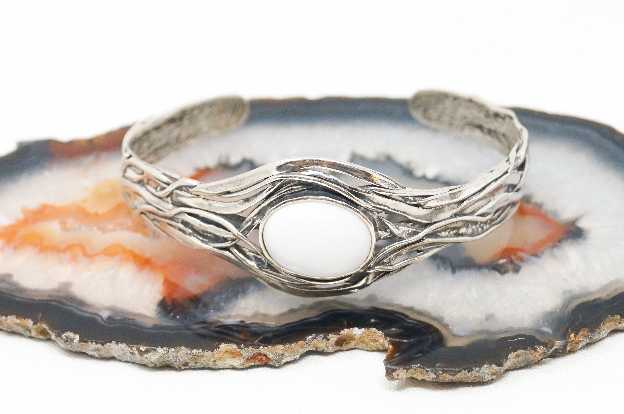 Vintage Designer Paz Israel White Agate Sterling Silver Bracelet