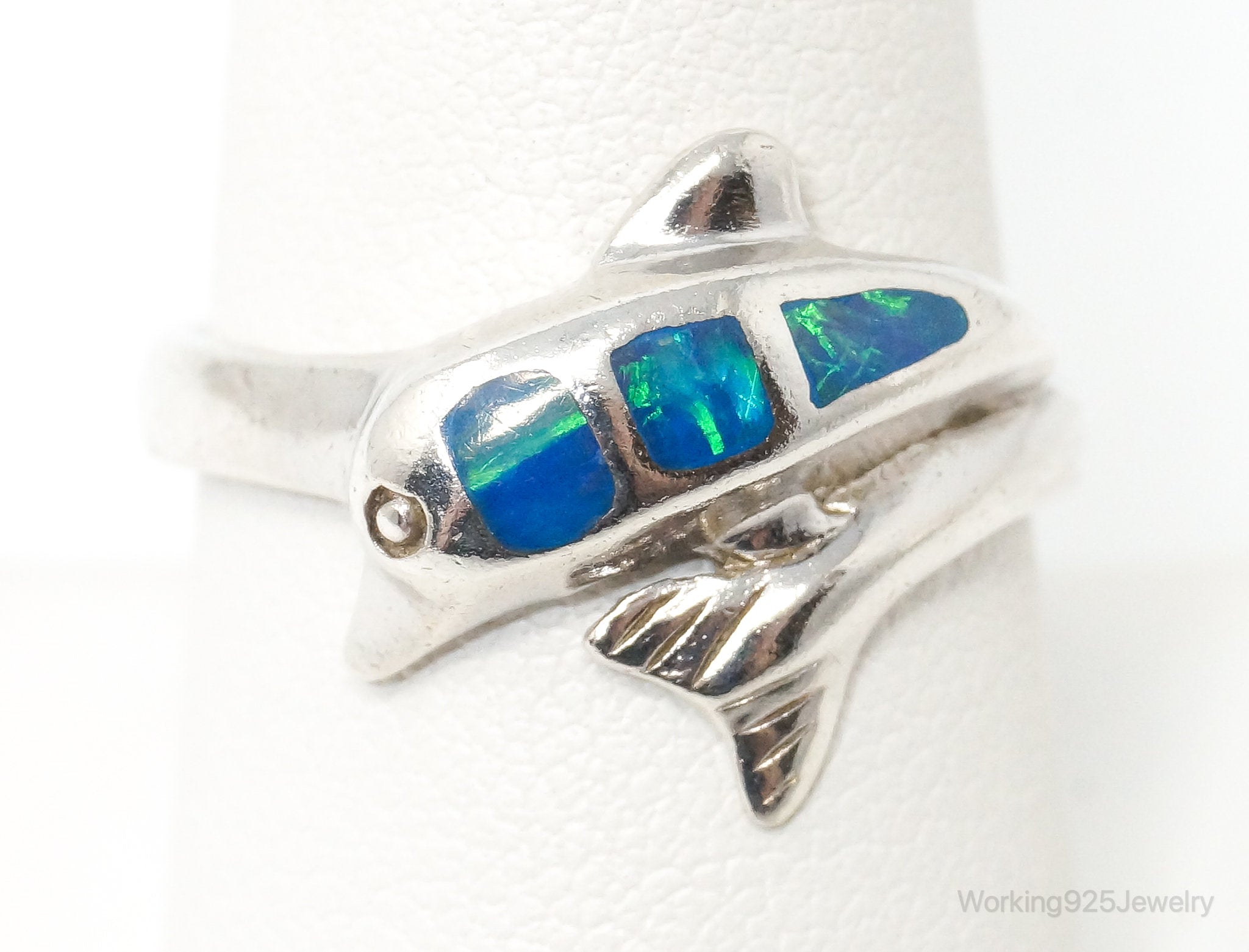 Vintage Blue Opal Dolphin Sterling Silver Ring - Size 8.5