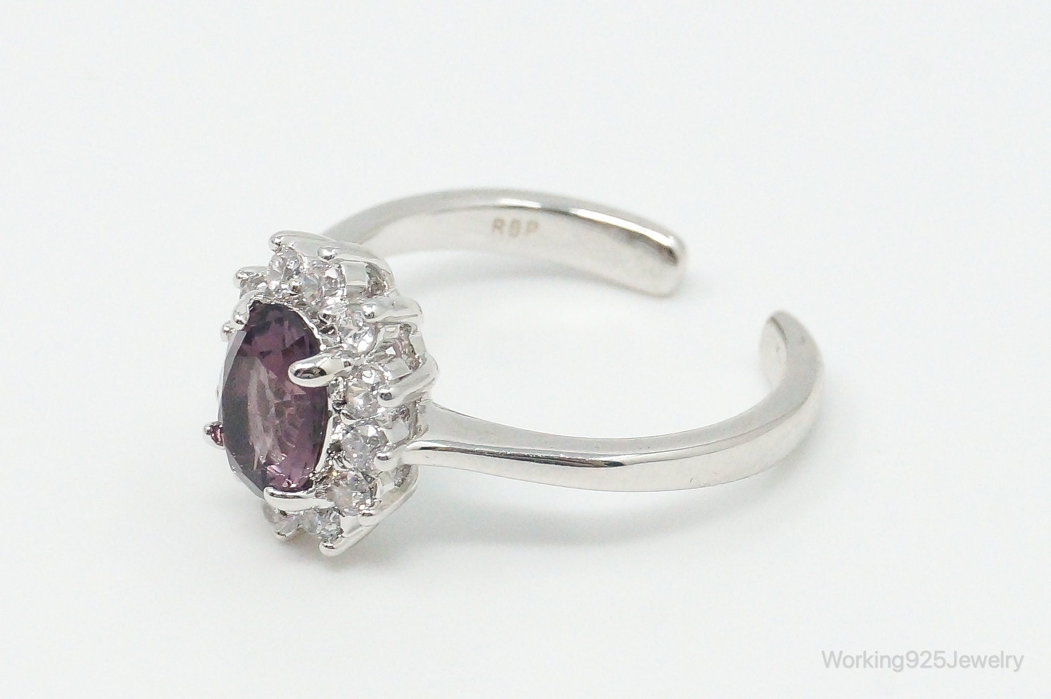 Vintage Amethyst Cubic Zirconia Rhodium Plated Ring - SZ 5.25 Adjustable