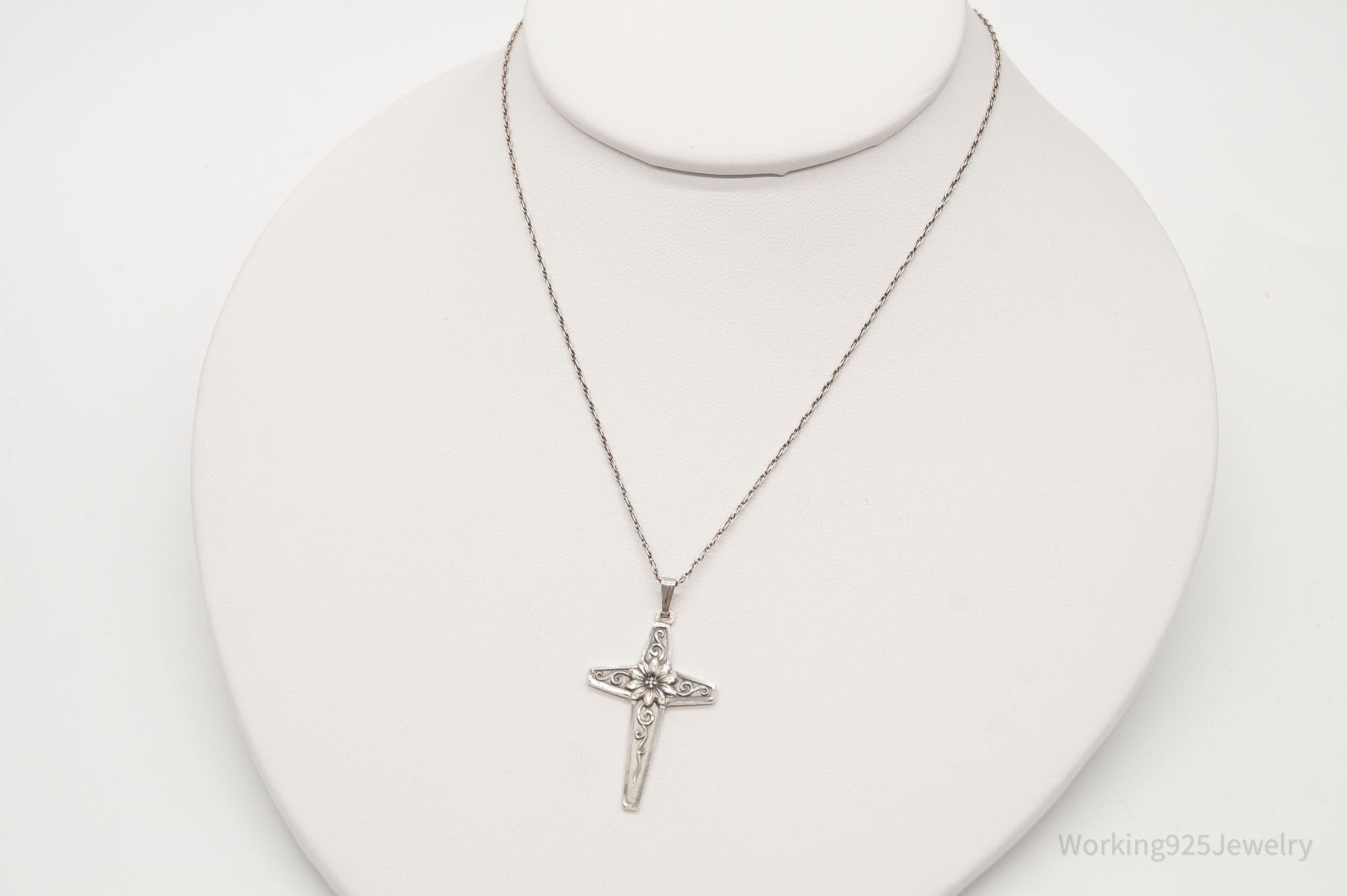 Vintage Designer M De Jean Flower Cross Sterling Silver Necklace