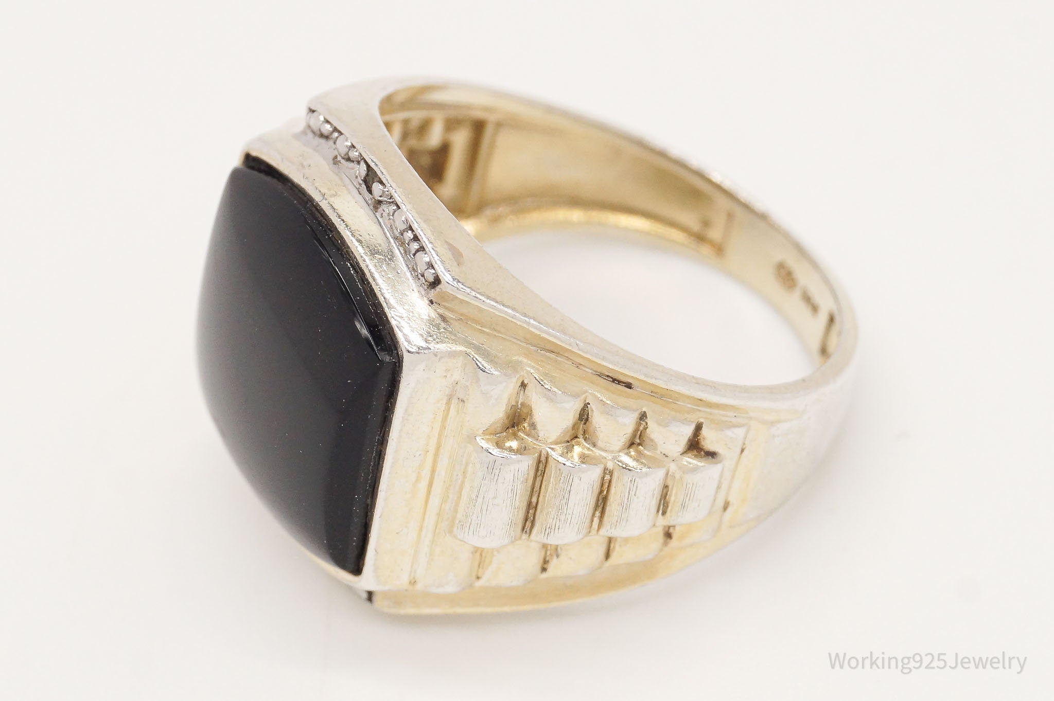 Vintage Black Onyx Two Diamond Gold Wash Sterling Silver Ring - Size 8.75