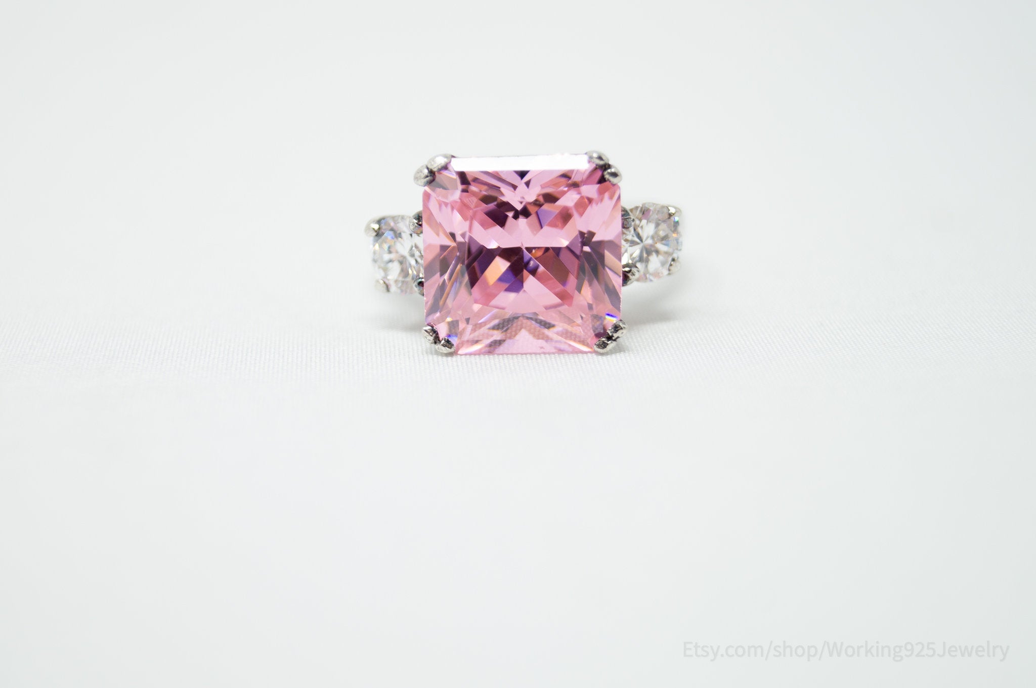 Vintage Art Deco Style Pink Topaz CZ Statement Ring Sterling Silver - Size 7.5
