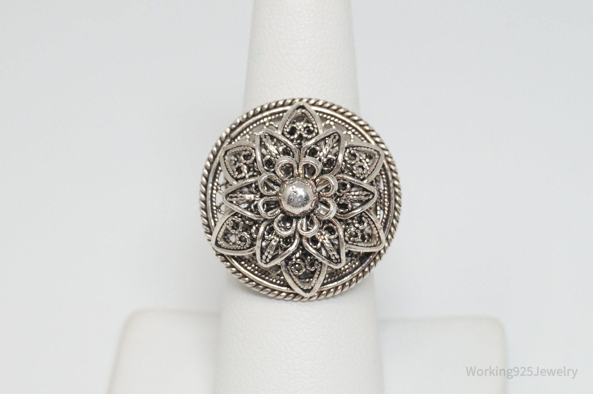 Vintage Designer DGS Flower Filigree Sterling Silver Ring - Size 7