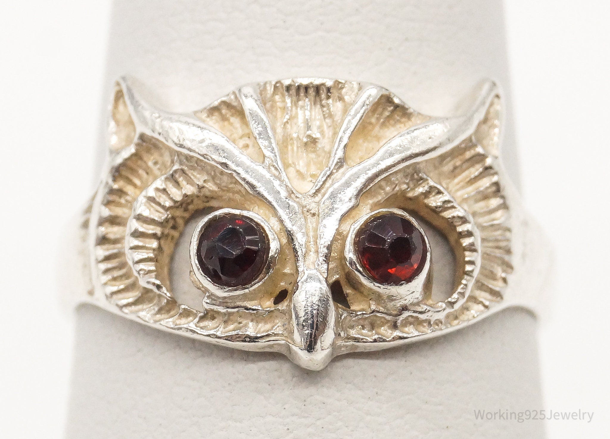 Vintage Garnet Eyed Owl Sterling Silver Ring - Size 4.5