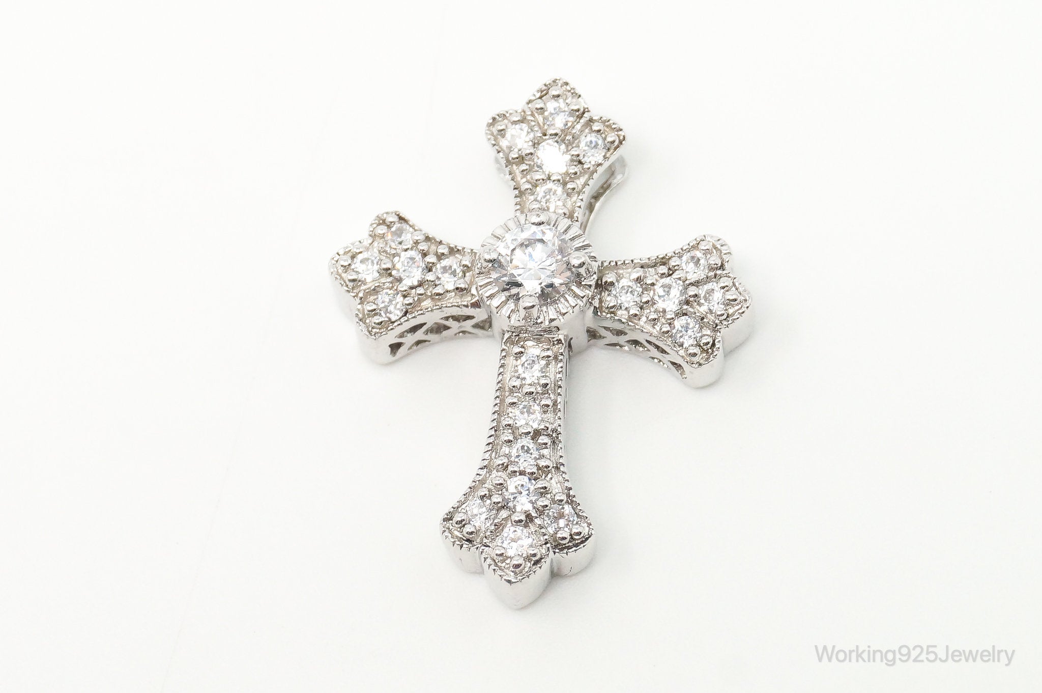 Vintage Designer MEDA Cubic Zirconia Cross Sterling Silver Necklace Pendant