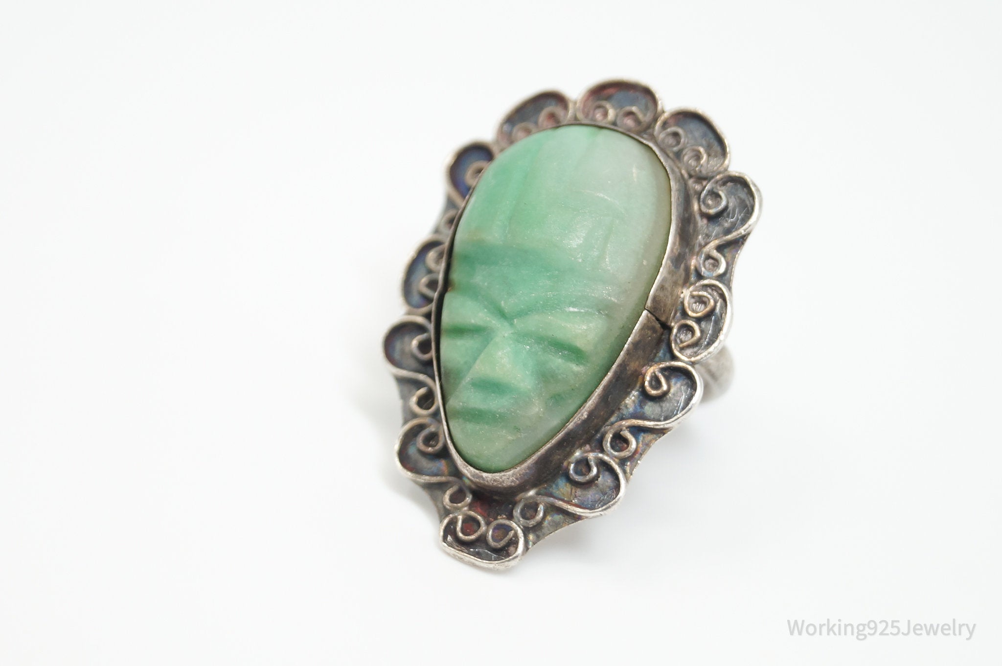 Vintage Aztec Sun God Face Carved Green Stone Sterling Silver Ring - Sz 5.75