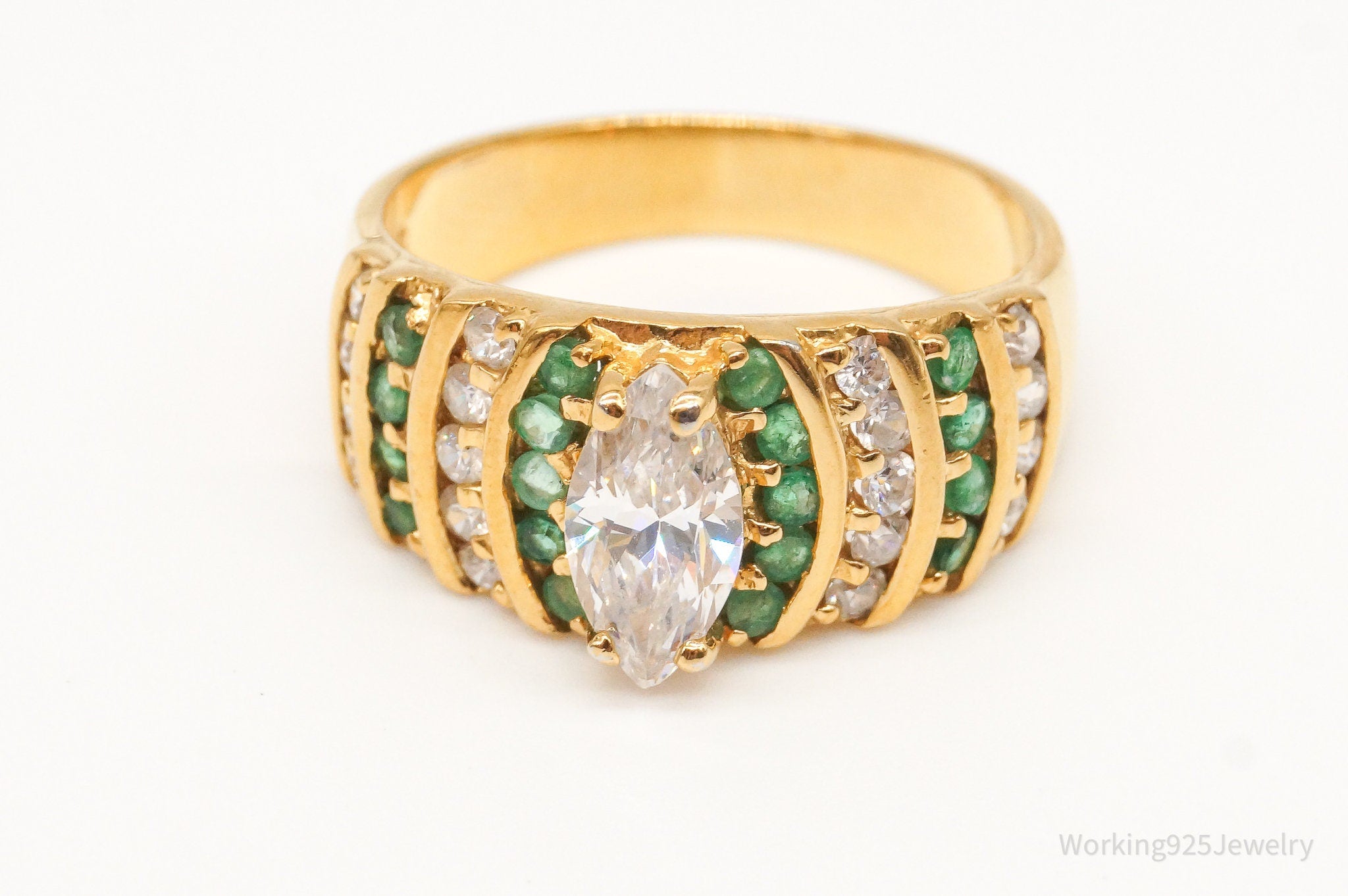 Vintage Emerald Cubic Zirconia Gold Vermeil Sterling Silver Ring Size 8.75