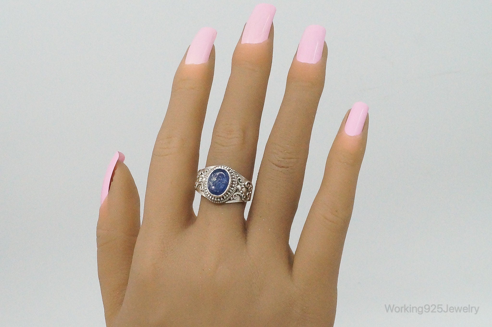 Vintage Dark Blue Gemstone Bali Style Sterling Silver Ring Size 10