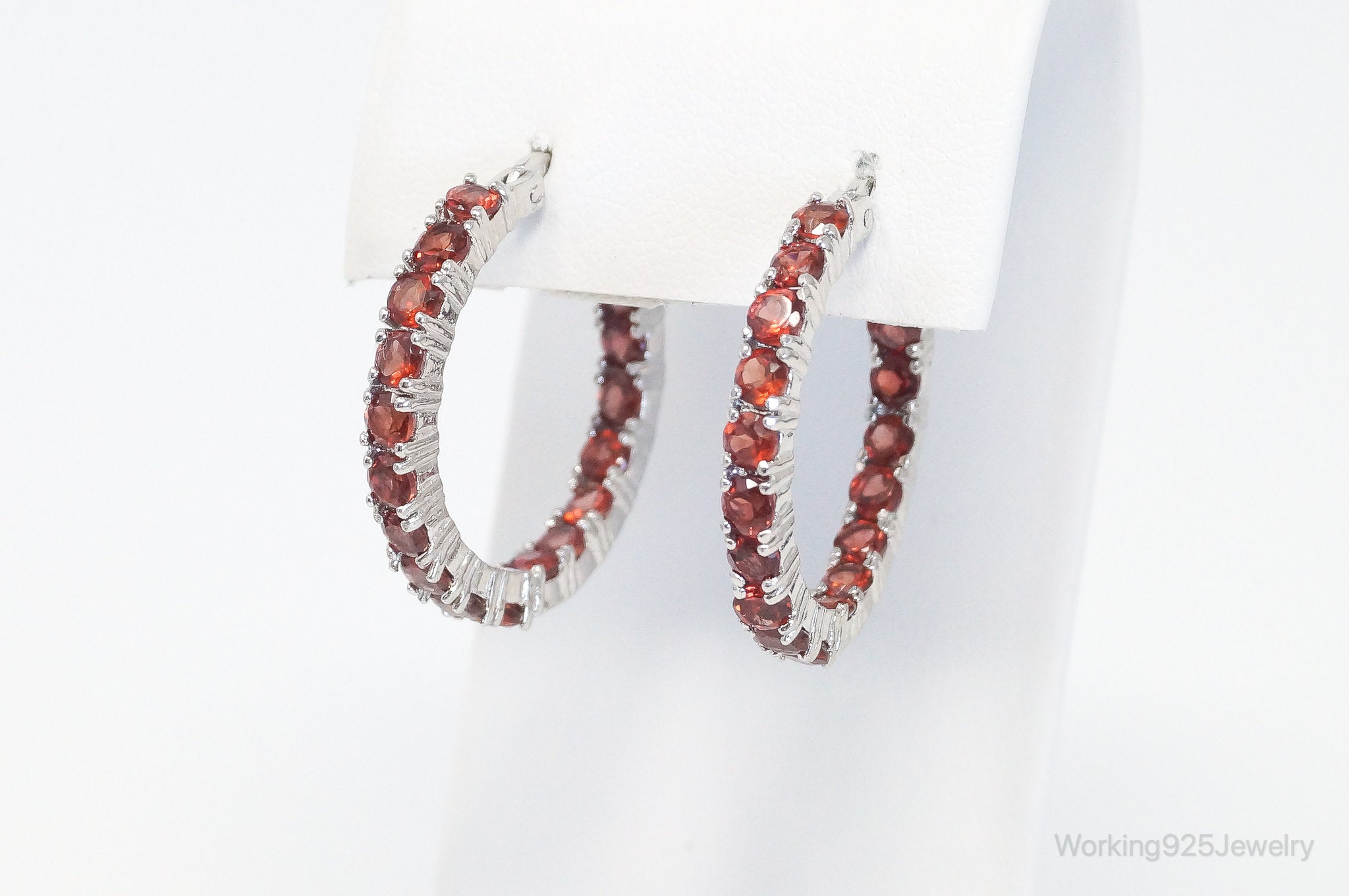 Vintage Garnet Sterling Silver Hoop Earrings