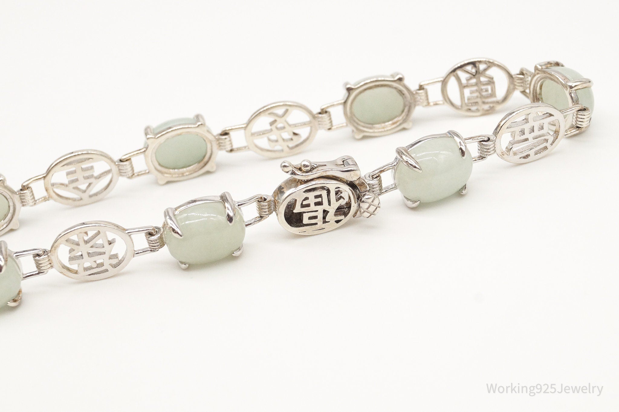 Vintage Jade Good Fortune Sterling Silver Bracelet