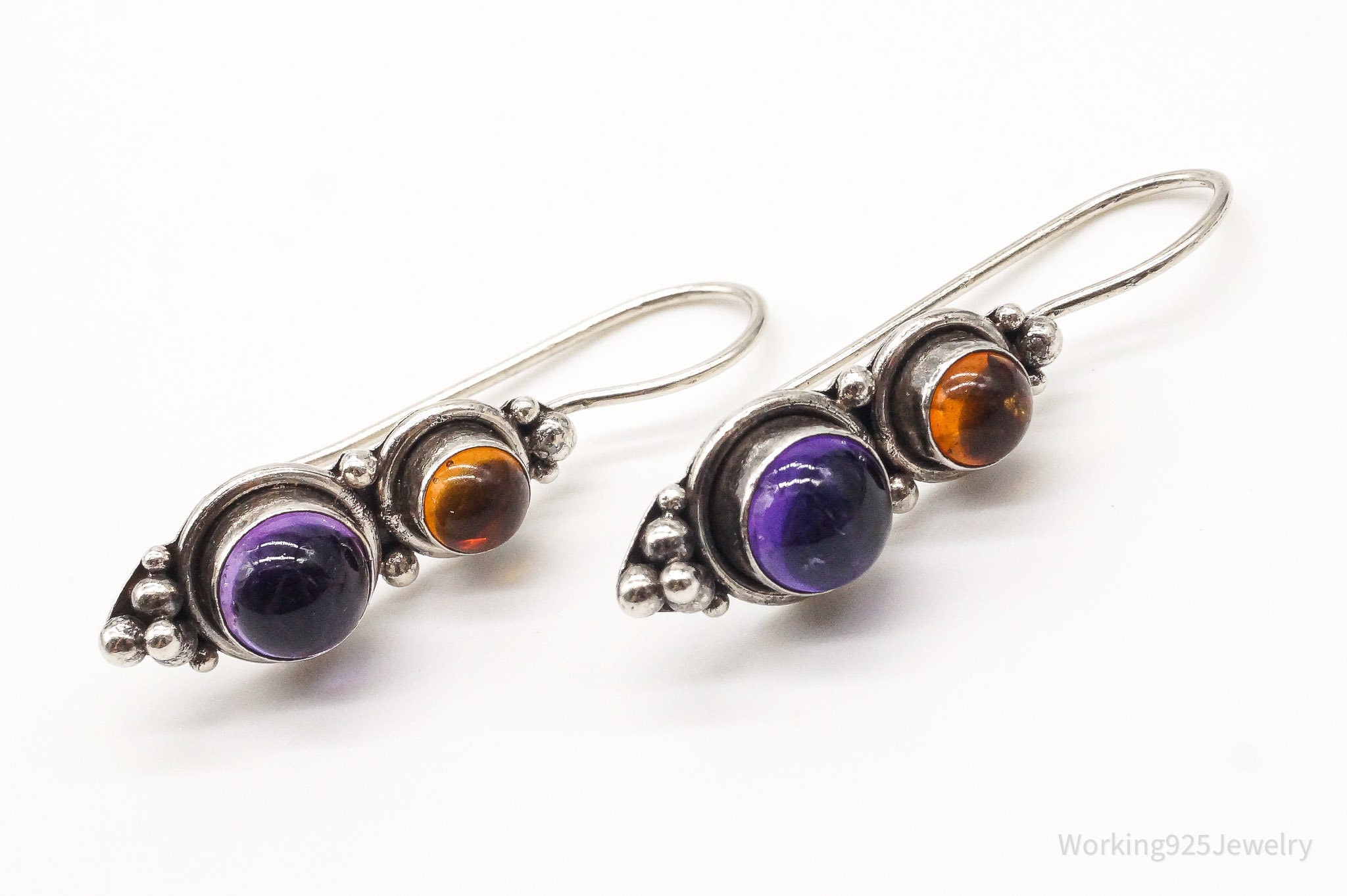 Vintage Amethyst Amber Sterling Silver Earrings