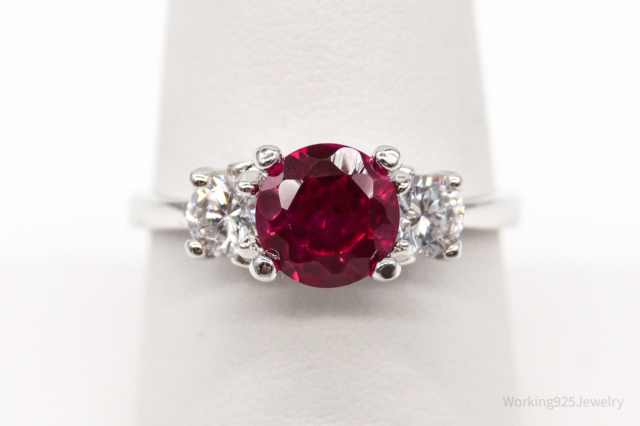 Vintage Lab Ruby Cubic Zirconia Sterling Silver Ring - Size 8.25