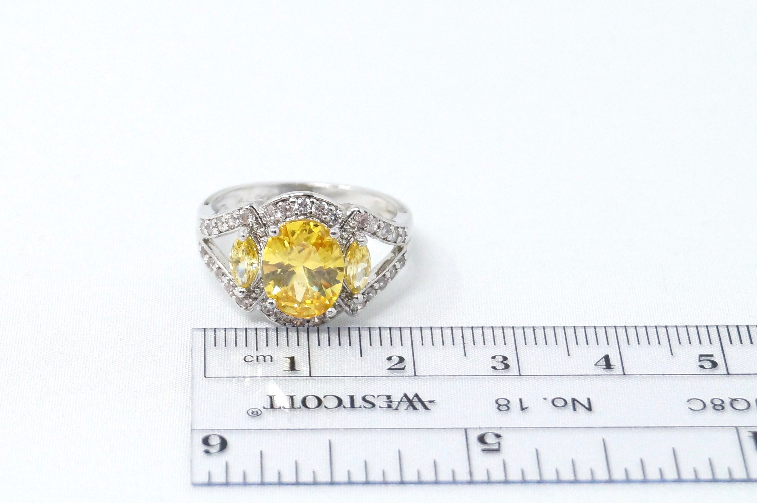 Art Deco Vintage Large Citrine Cz Accented Statement Ring Sterling Silver Sz 8