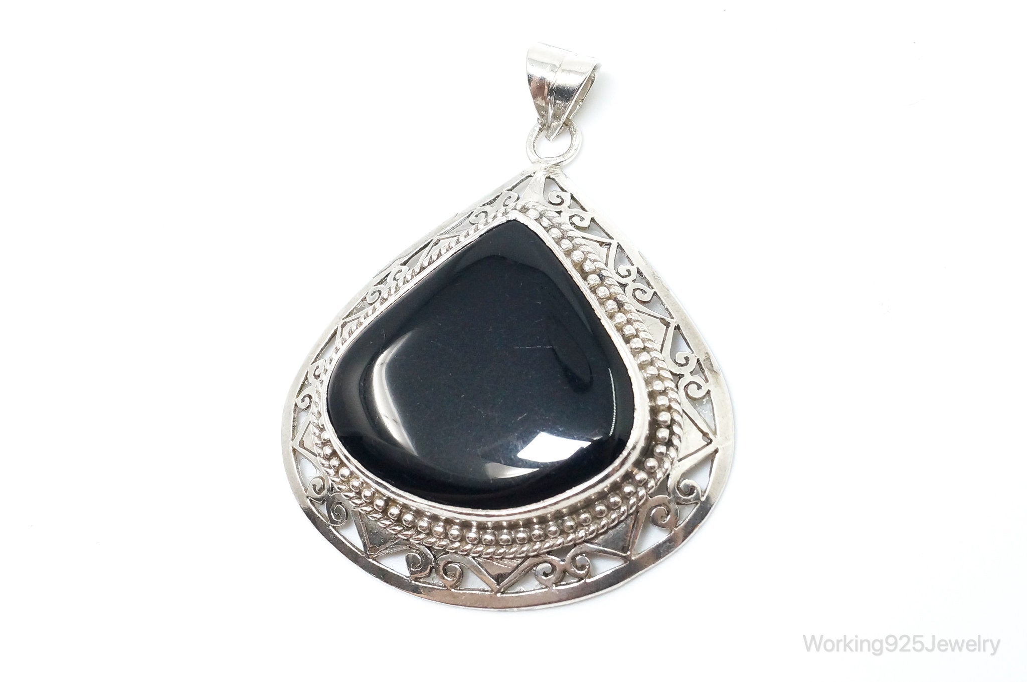 Large Vintage Black Onyx Bali Style Sterling Silver Necklace Pendant