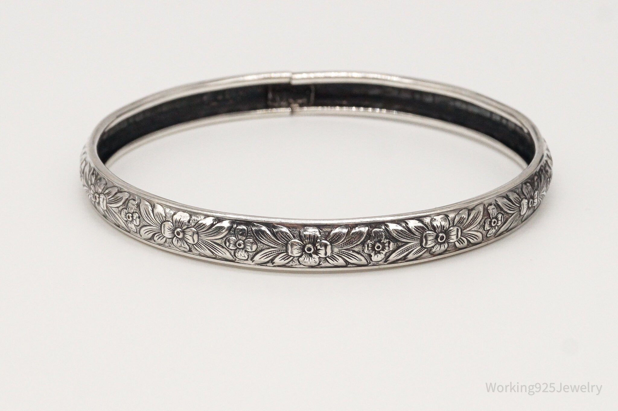 Antique Designer Lang Sterling Silver Floral Bangle Bracelet